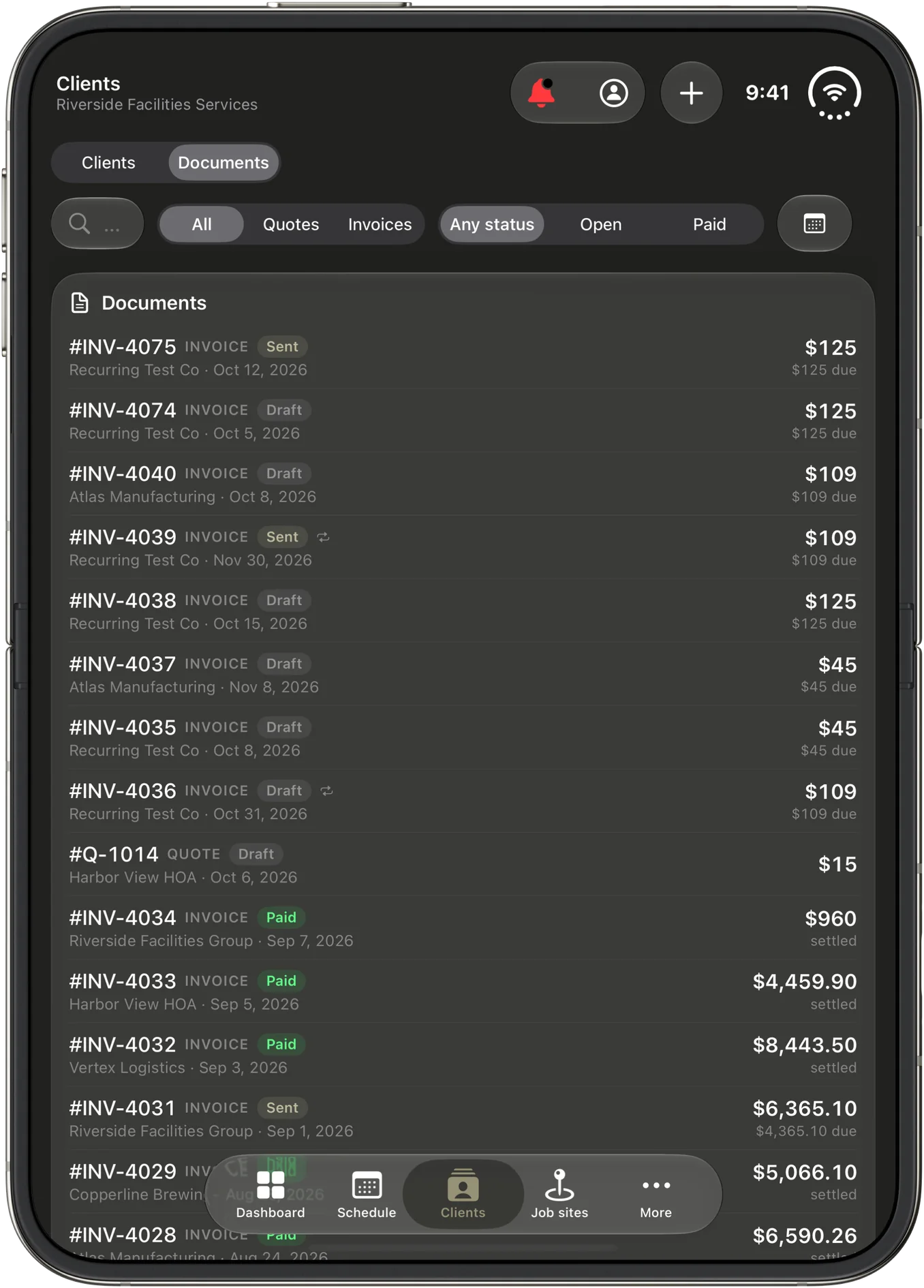 CRMb 2.0 on iPhone Duo: the Documents list with invoices and a quote, each with its number, client, status and amount due