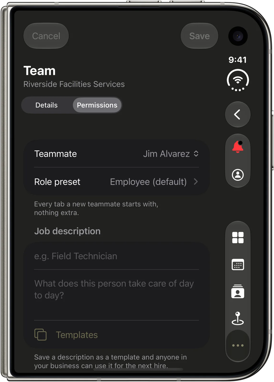 CRMb 2.0 on iPhone Duo: a teammate's Permissions page with the role preset, the job description and a Templates button
