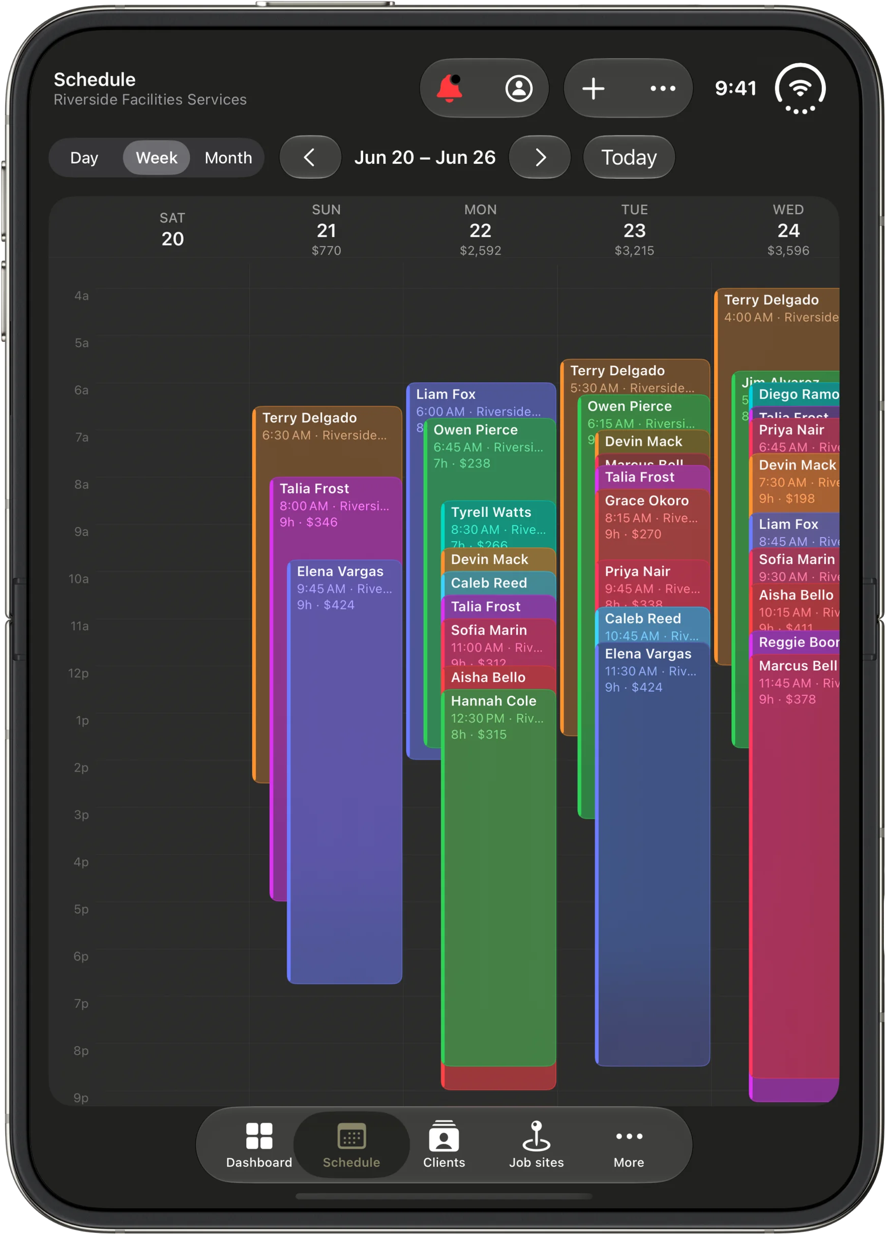 CRMb 2.0 on iPhone Duo, open in portrait: the Schedule for a week, five days in view, every shift as a block with the person, the time, the job site and the hours, the labor cost under each day