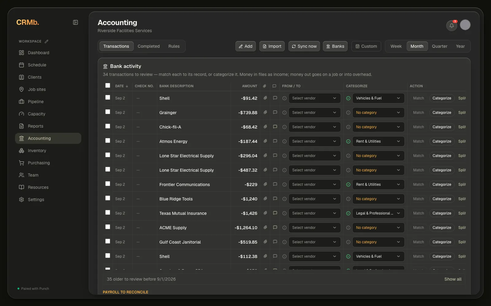 The Accounting page with a bank connected: the Transactions, Completed and Rules tabs on the left, and Add, Import, Sync now, Banks, Custom and the Week/Month/Quarter/Year switch across the top right.