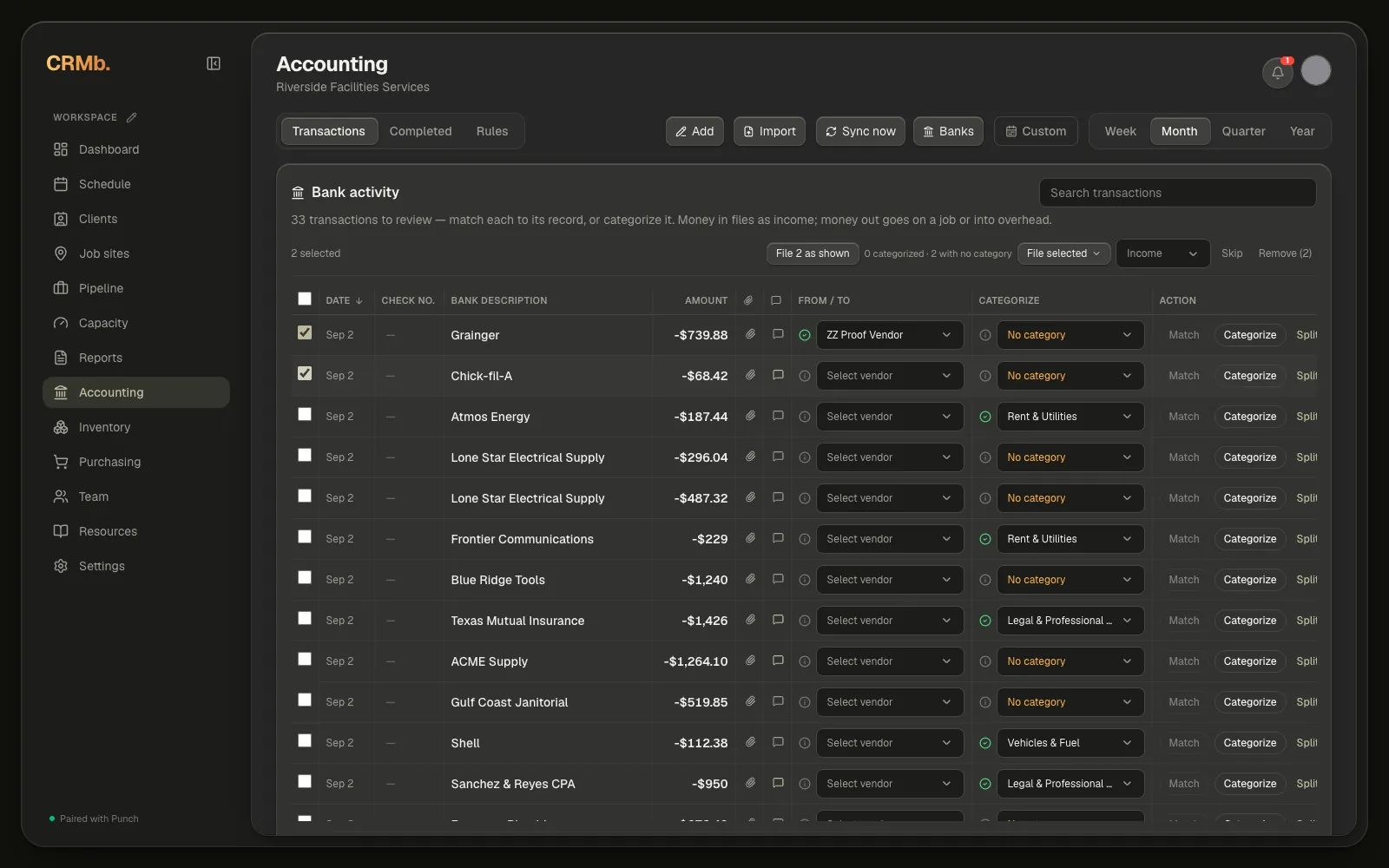 The bank activity table: the pinned header row, transactions with their Categorize cells, the Match and Categorize buttons in the Action column, and the Payroll to reconcile callout underneath.