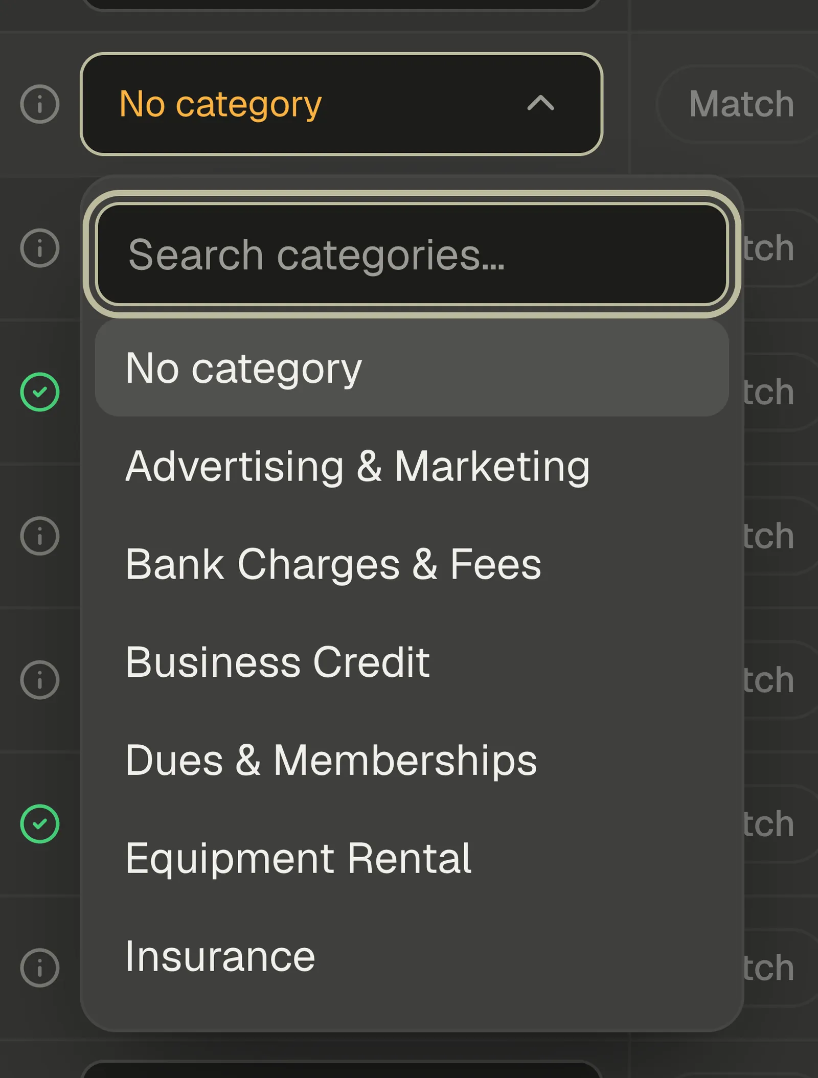 The Categorize dropdown open on a transaction, showing No category pinned at the top and the org's own categories alphabetically beneath it.