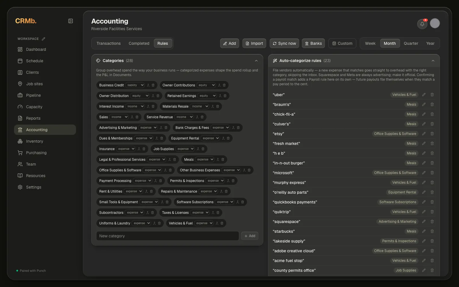 The Rules tab: Categories on the left with a chip's type dropdown open, and Auto-categorize rules on the right with Category mappings beneath them.