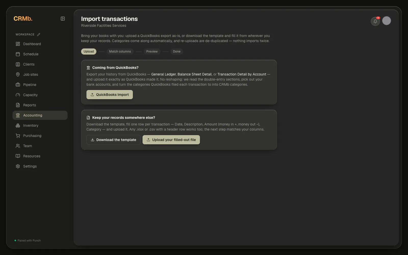 The Import transactions page: the QuickBooks card above, and the fill-in-a-template card with Download the template and Upload your filled-out file below it.