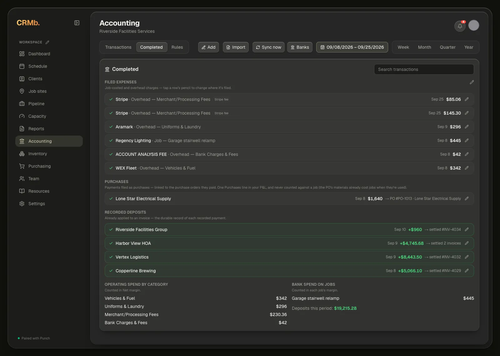 The Completed tab over a custom window: the search box in the header, filed expenses with their categories — the first two tagged Stripe fee — then Purchases and Recorded deposits, and the operating spend and job spend totals underneath.