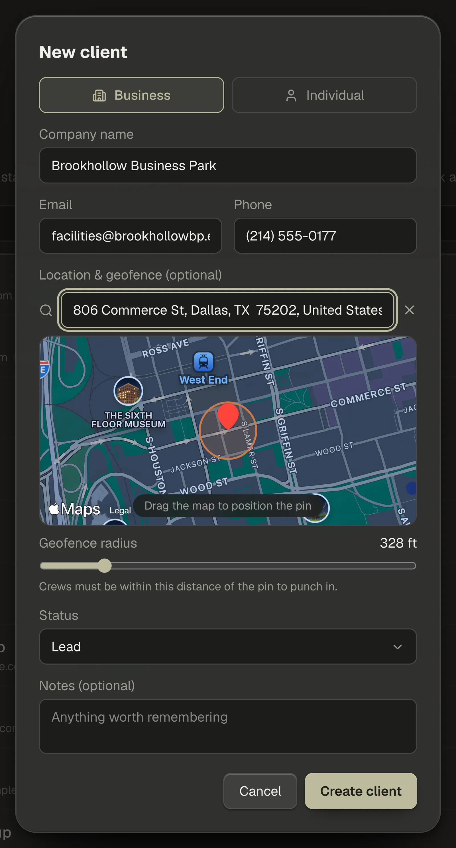 The New client window: Business and Individual side by side, name, email and phone, the address search with the map and its fixed centre pin, Status and Notes.