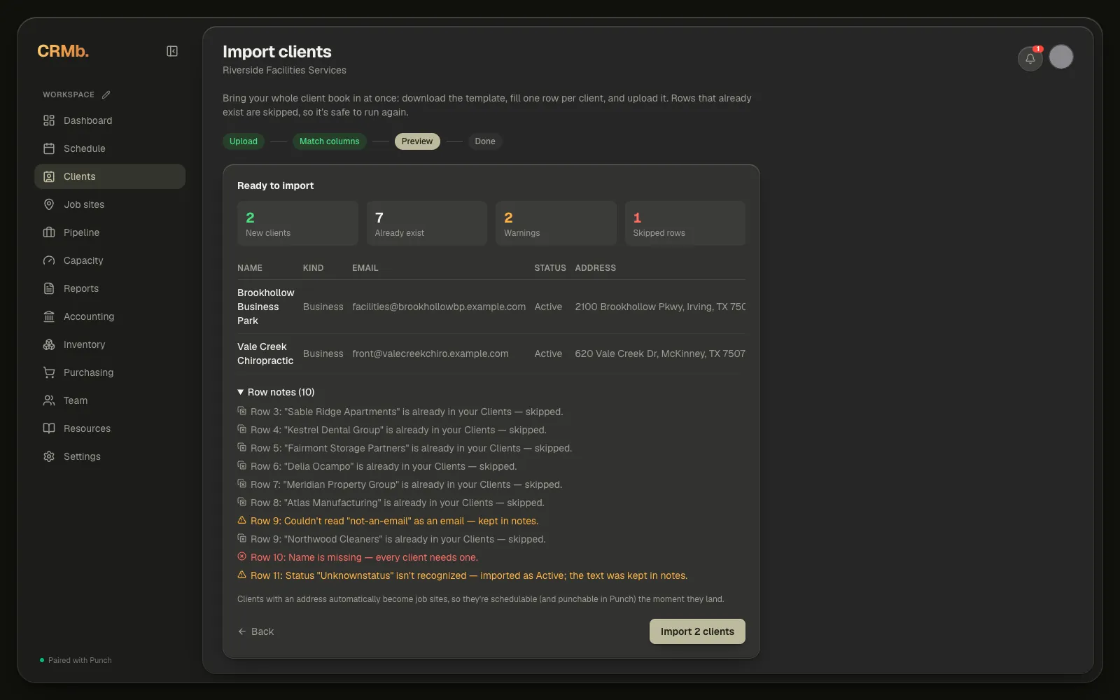 The Import clients wizard on the Preview step, with the four counters across the top and the first new clients listed underneath.