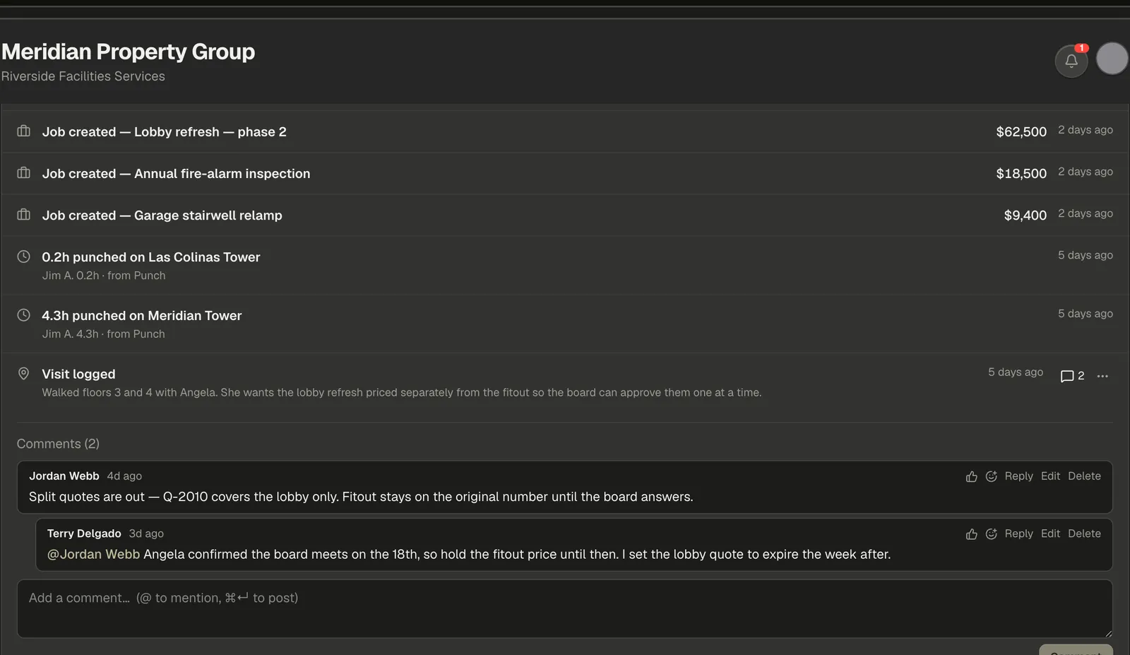 The Activity tab with a logged visit expanded into its comment thread, a reply underneath, and the speech-bubble and options buttons on the row.
