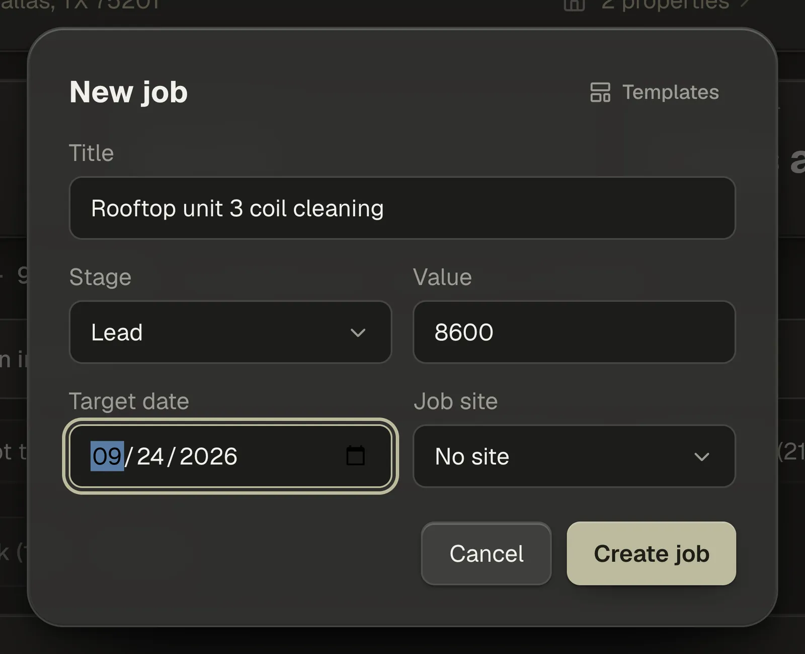 The New job window: title, stage, value, target date and the job-site picker, with Create job at the bottom.
