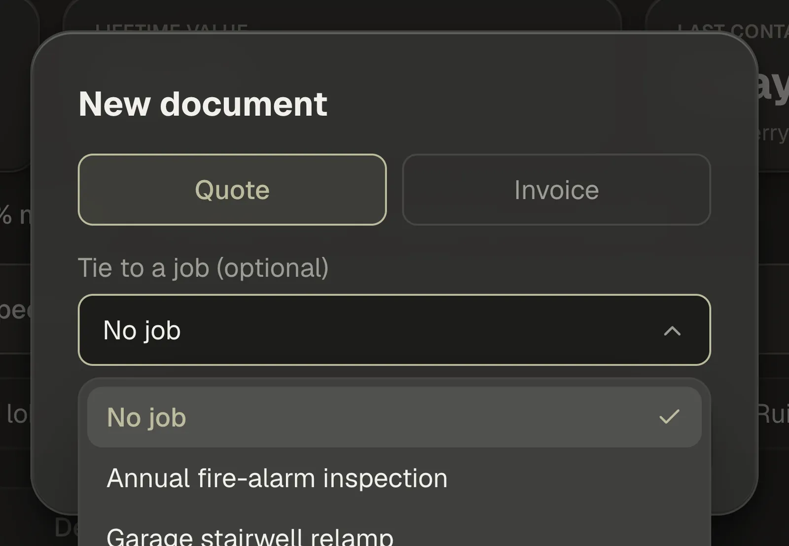 The New document window with Quote and Invoice side by side, the job picker underneath, and the Create button.