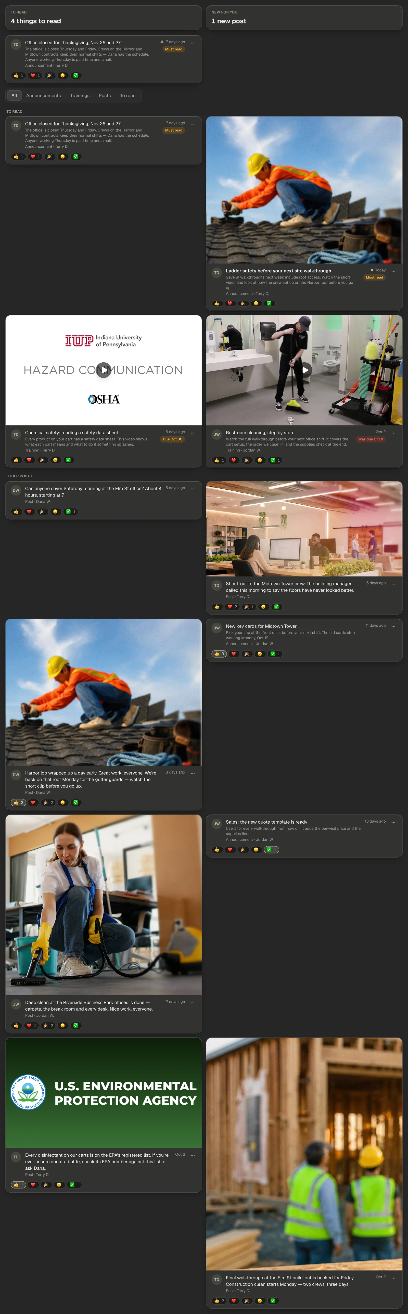The Hive: the To read and New for you tiles, a pinned announcement, the filter row, and the feed with a Must read announcement under To read and the other posts below it, each card ending with its row of reactions.
