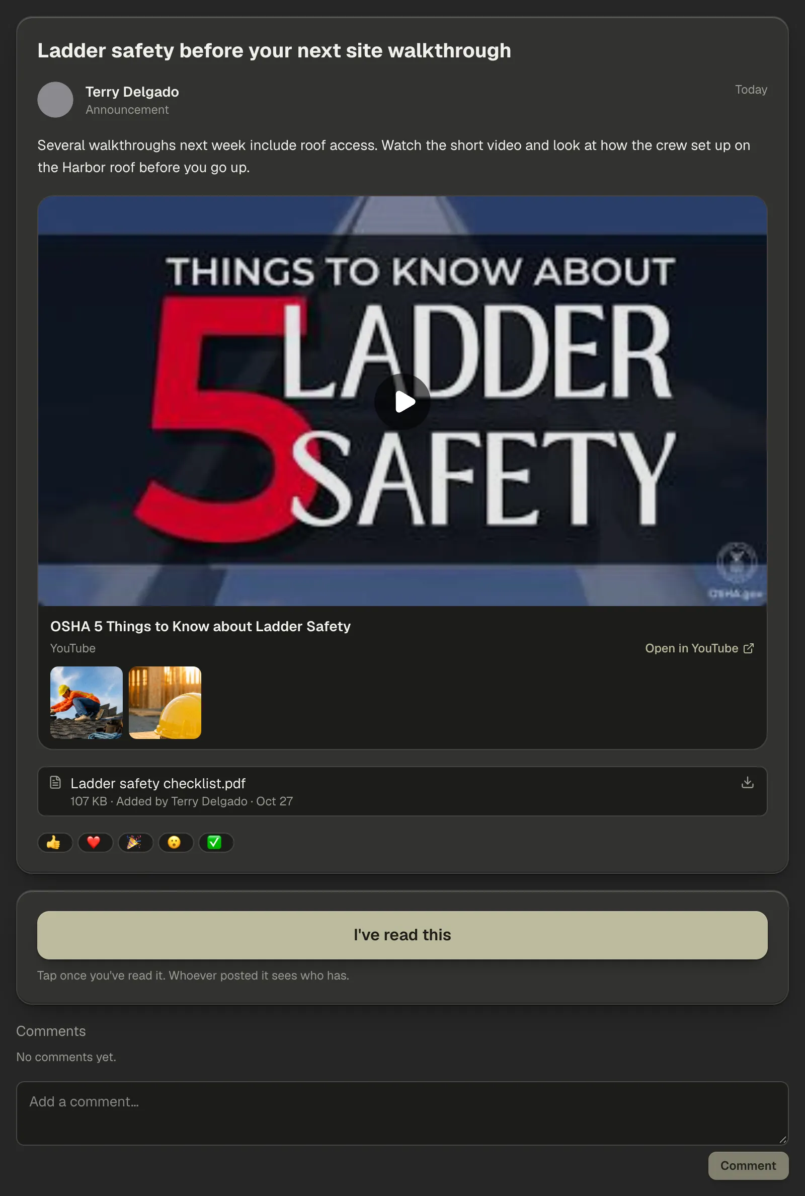 An open post as one card: the title, the author and the day, the message, a video across the frame with two small photos under it, a PDF with its size and who added it, and the reactions as the card's last row; under the card, the I've read this button and the comments.