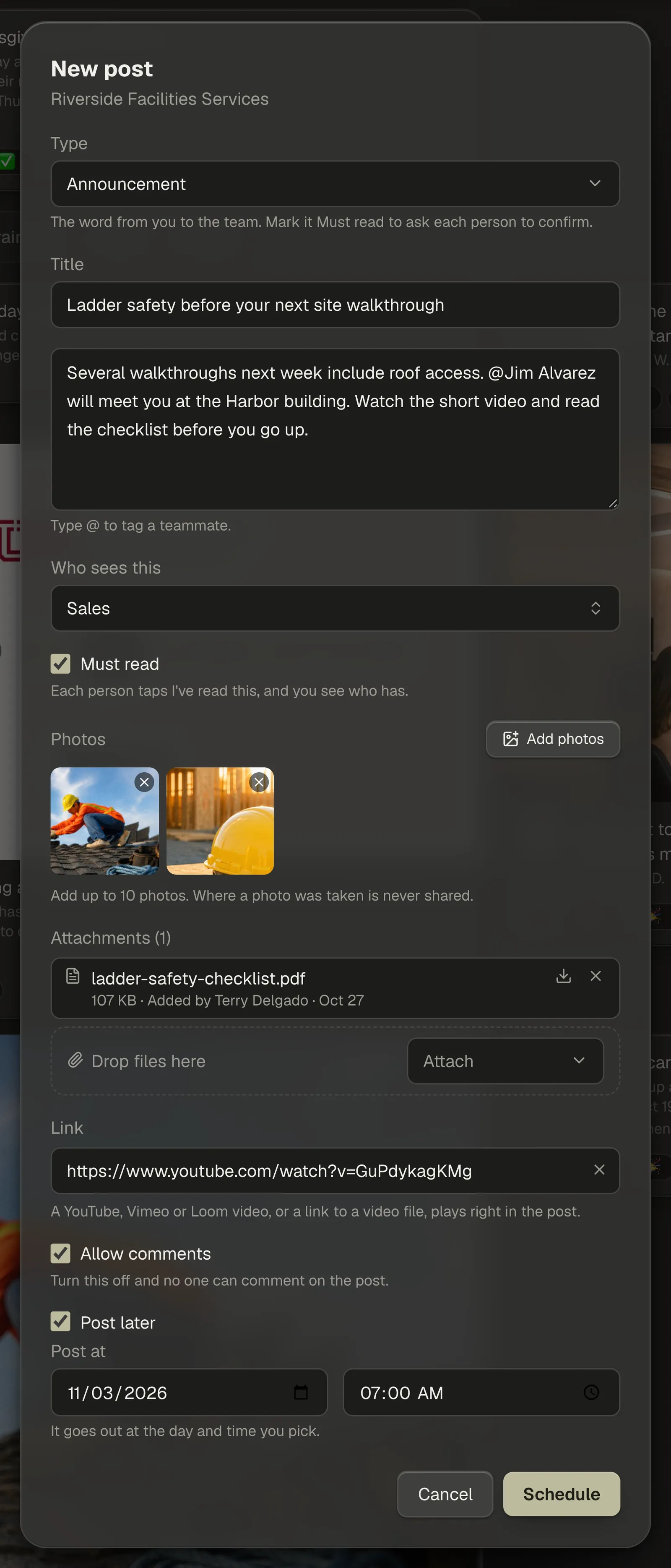 The New post window: Type set to Announcement, a title, the message with a teammate tagged, Who sees this set to a team, Must read ticked, two photos, a PDF in the Attachments card above Drop files here and Attach, a video link, Allow comments, and Post later with a day and a time.