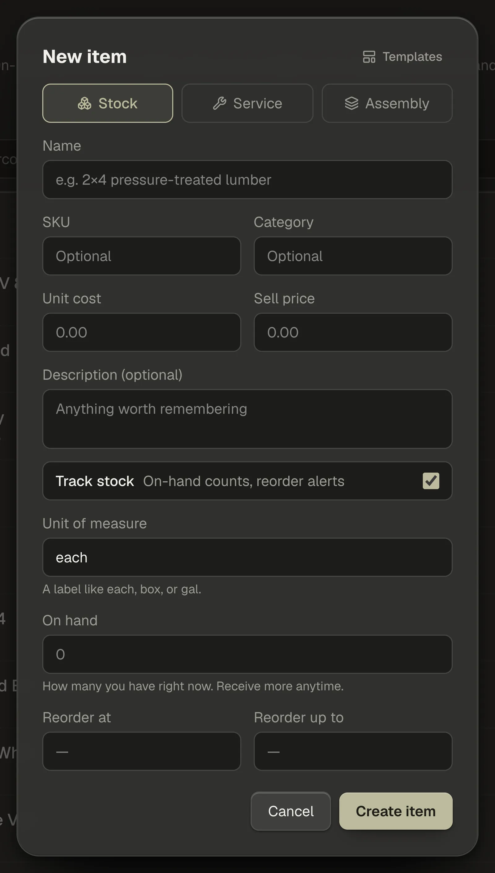 The top of the New item window: the Stock, Service and Assembly buttons in a row, with Stock selected.