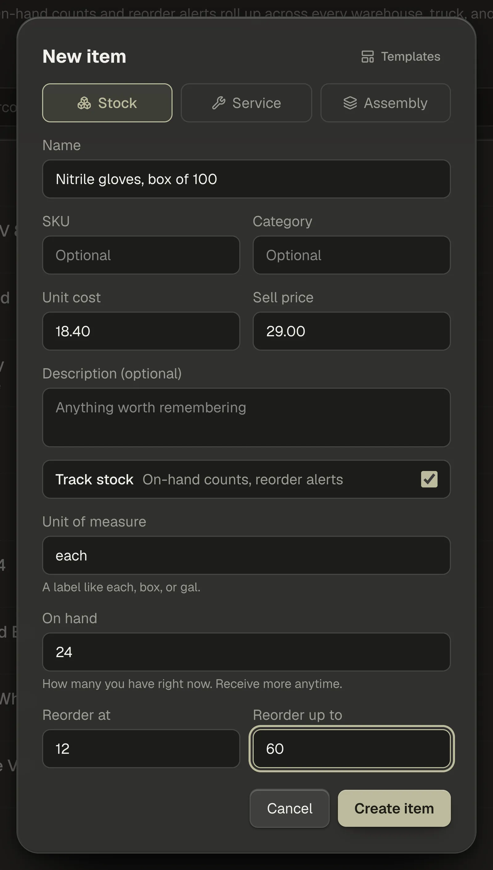 The lower half of the form: Unit of measure, On hand, and the Reorder at and Reorder up to fields.