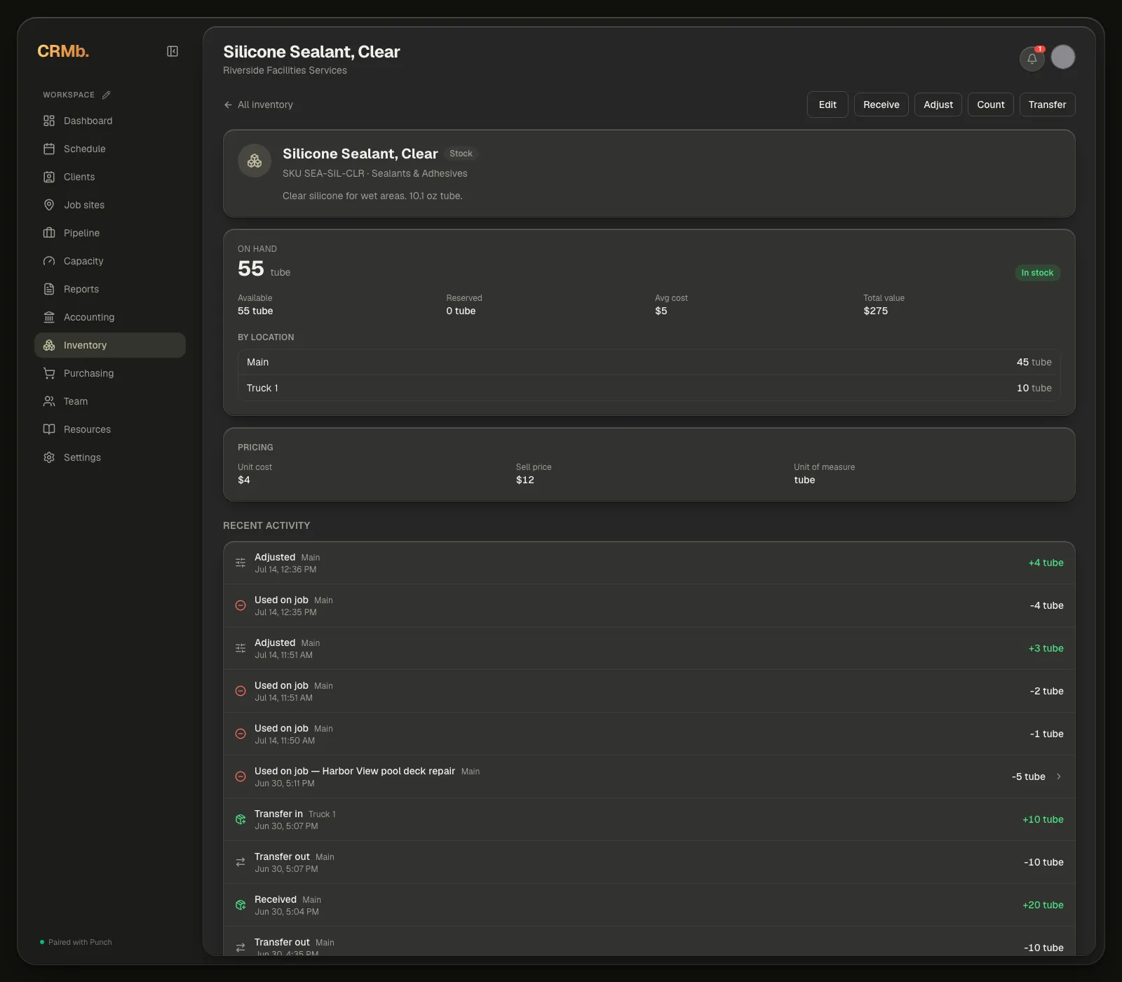 The item detail page: the action bar, the stock card with its four figures, pricing, and the recent activity list.