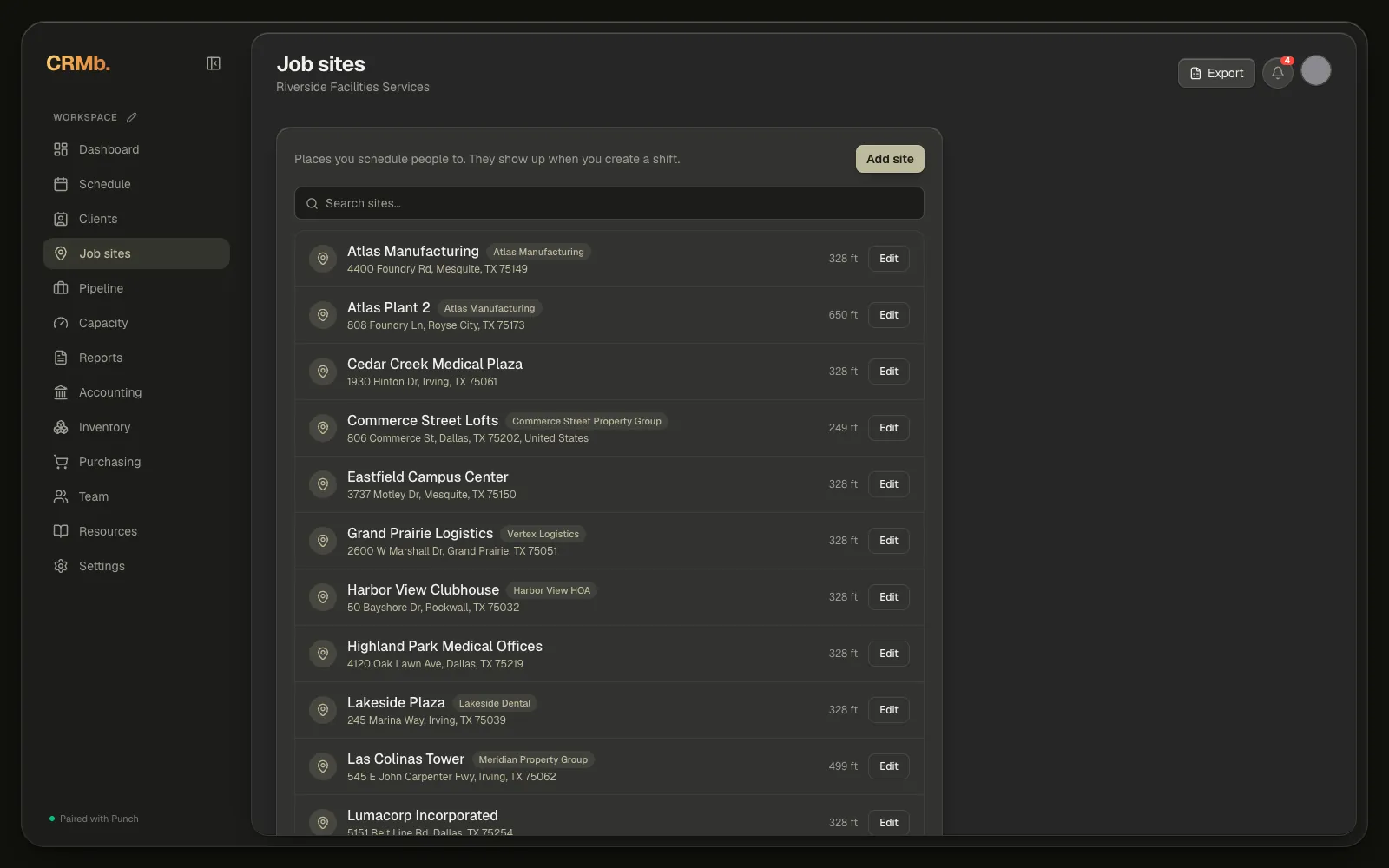 The Job sites list in a browser: each site's name, address and client, its geofence radius on the right, the search box above, and Add site and Export at the top.