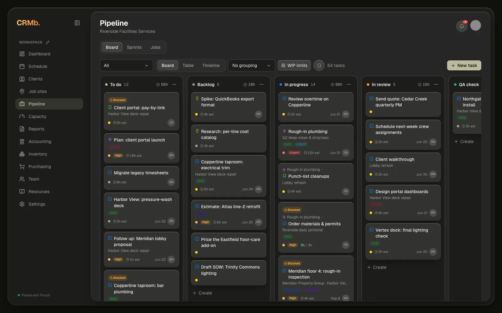 The Pipeline board: the Board / Sprints / Jobs switch at the top, columns of cards with counts and hour totals, and the New task button at the right of the toolbar.