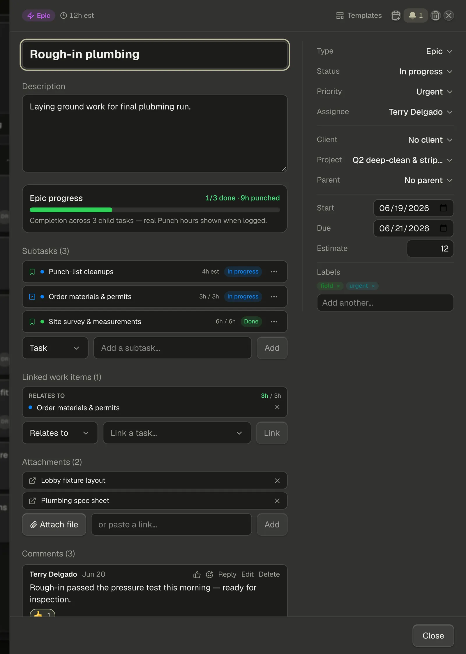 An Epic open in its detail panel: the description, the Epic progress bar reading a done-of-total count, and the subtask list underneath.