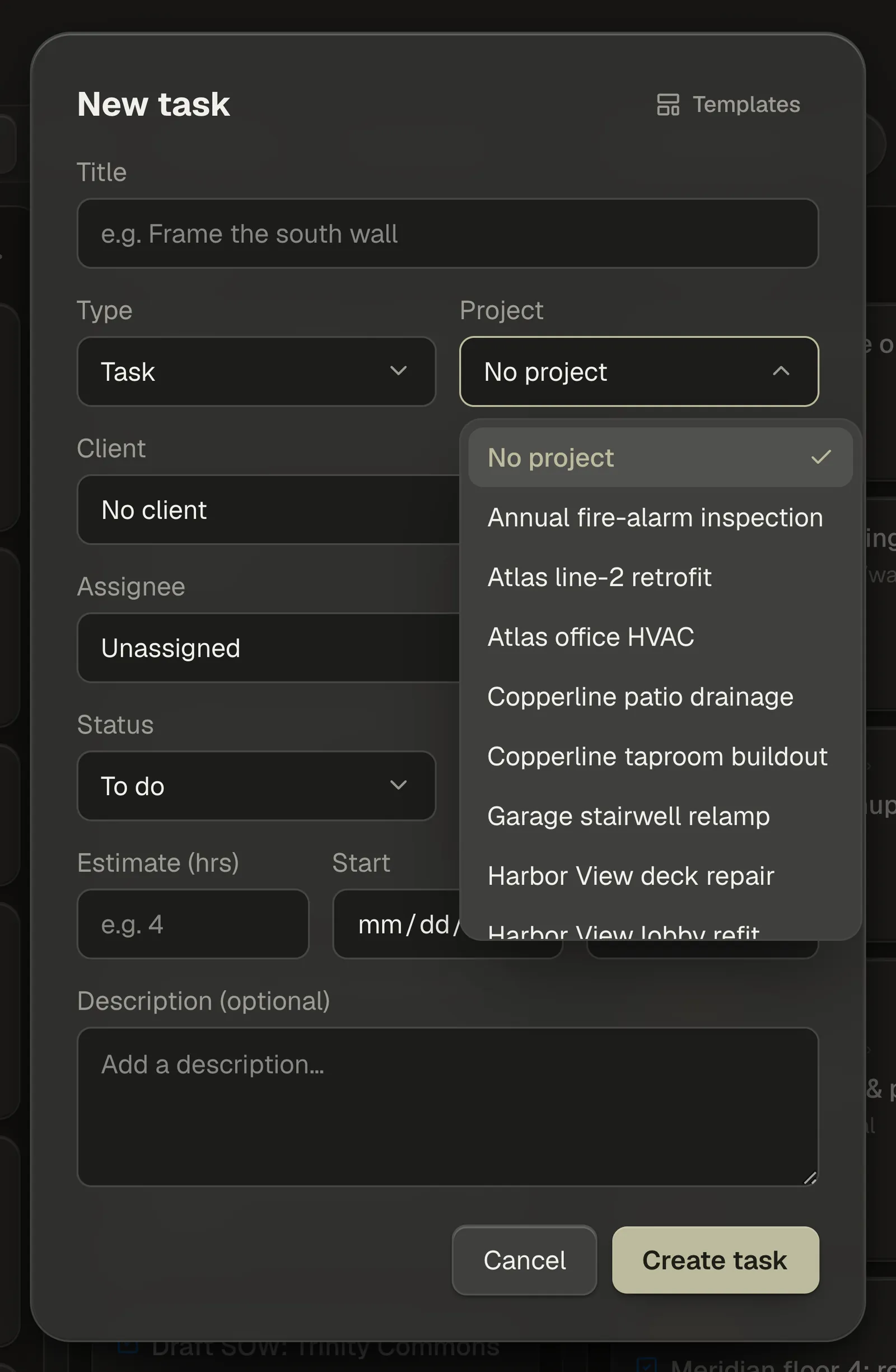 The New task window with the Project picker open above the Client row, No project and No client both offered at the top of their lists.
