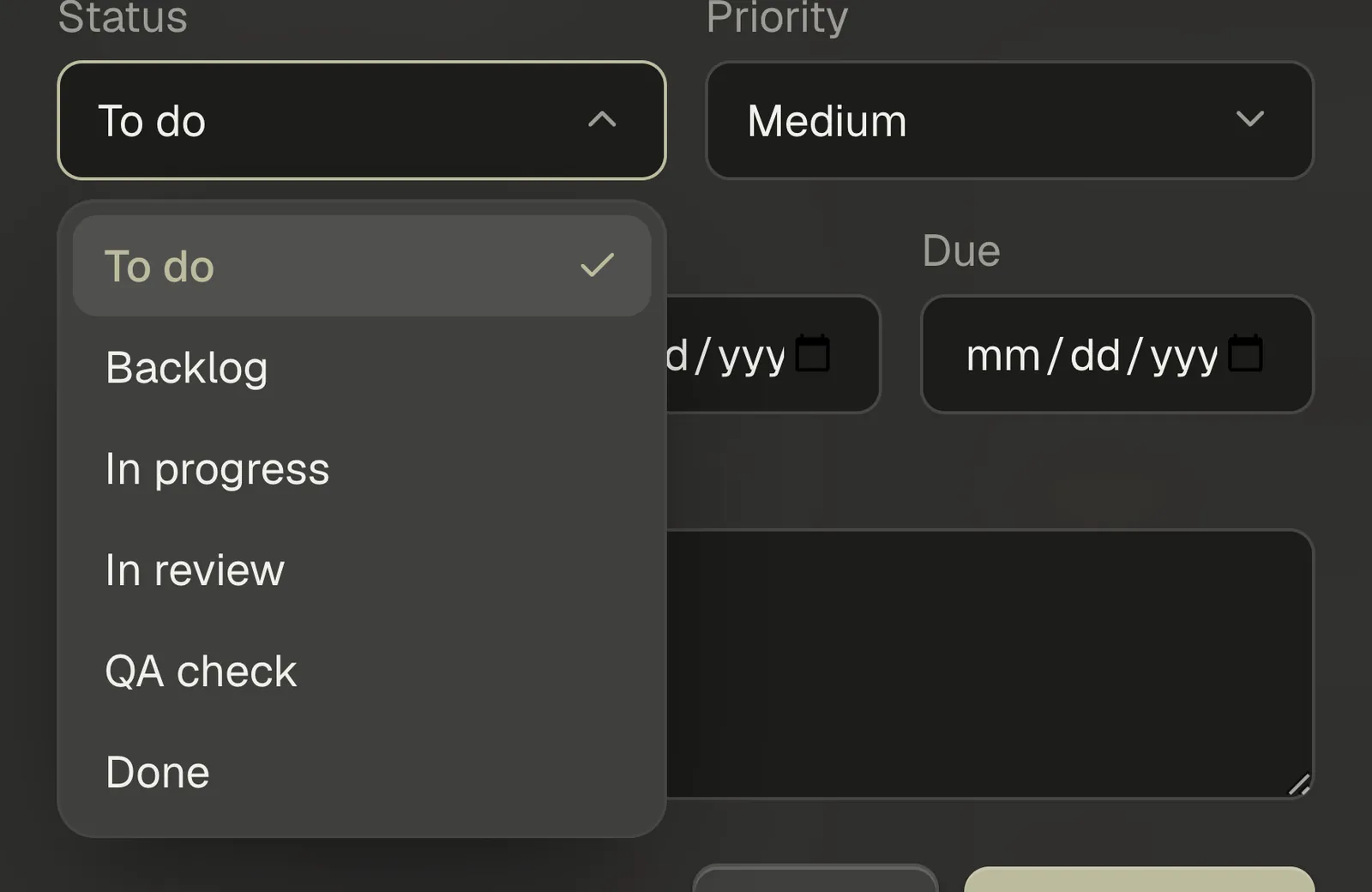 The Status picker open beside the Priority picker, with To do selected.