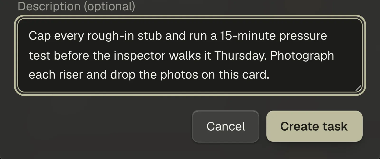 The Description (optional) field with the Cancel and Create task buttons below it.