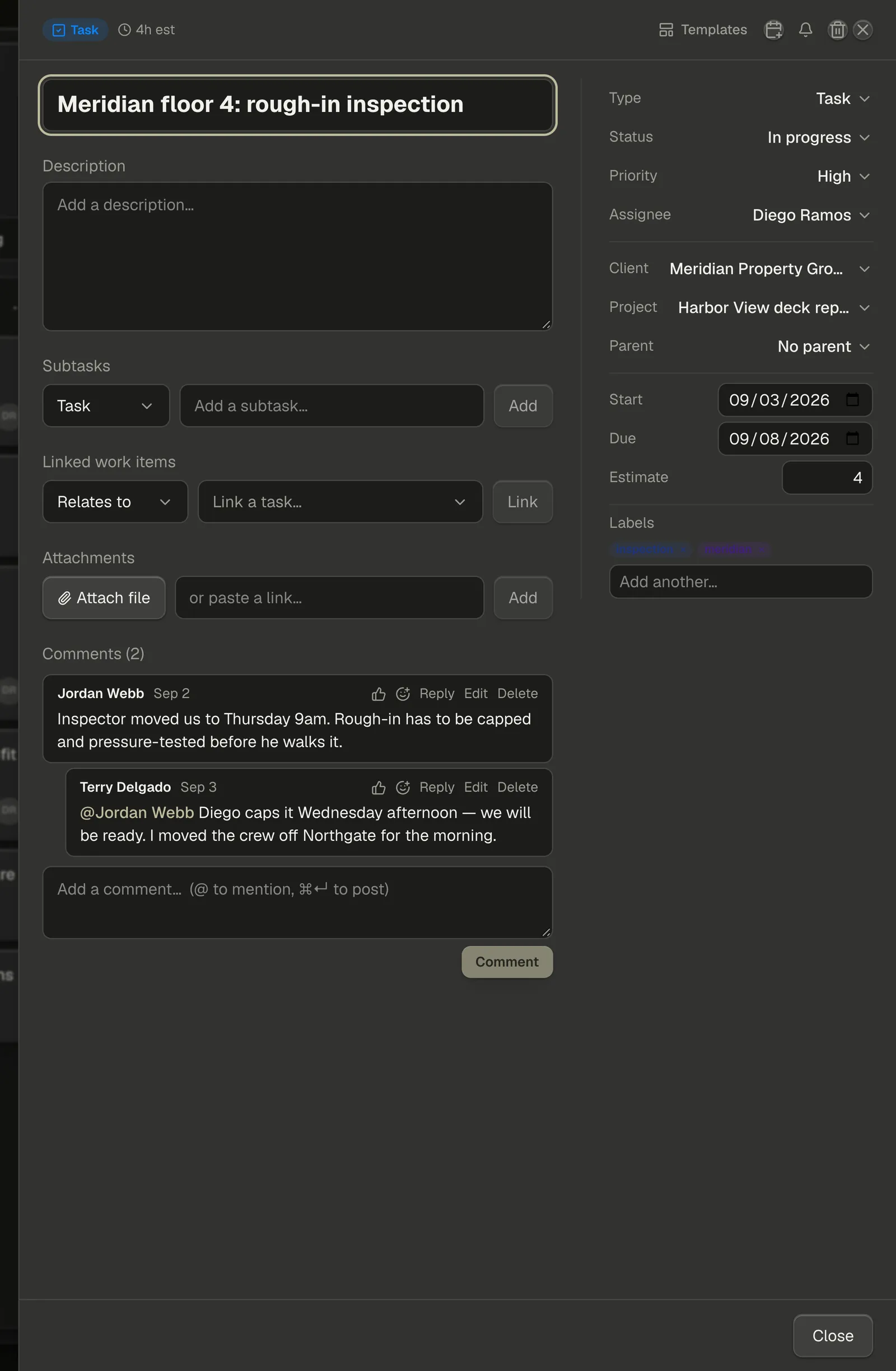 The task detail panel: title and description on the left with subtasks, linked work and comments below, and the property rail down the right starting at Type.