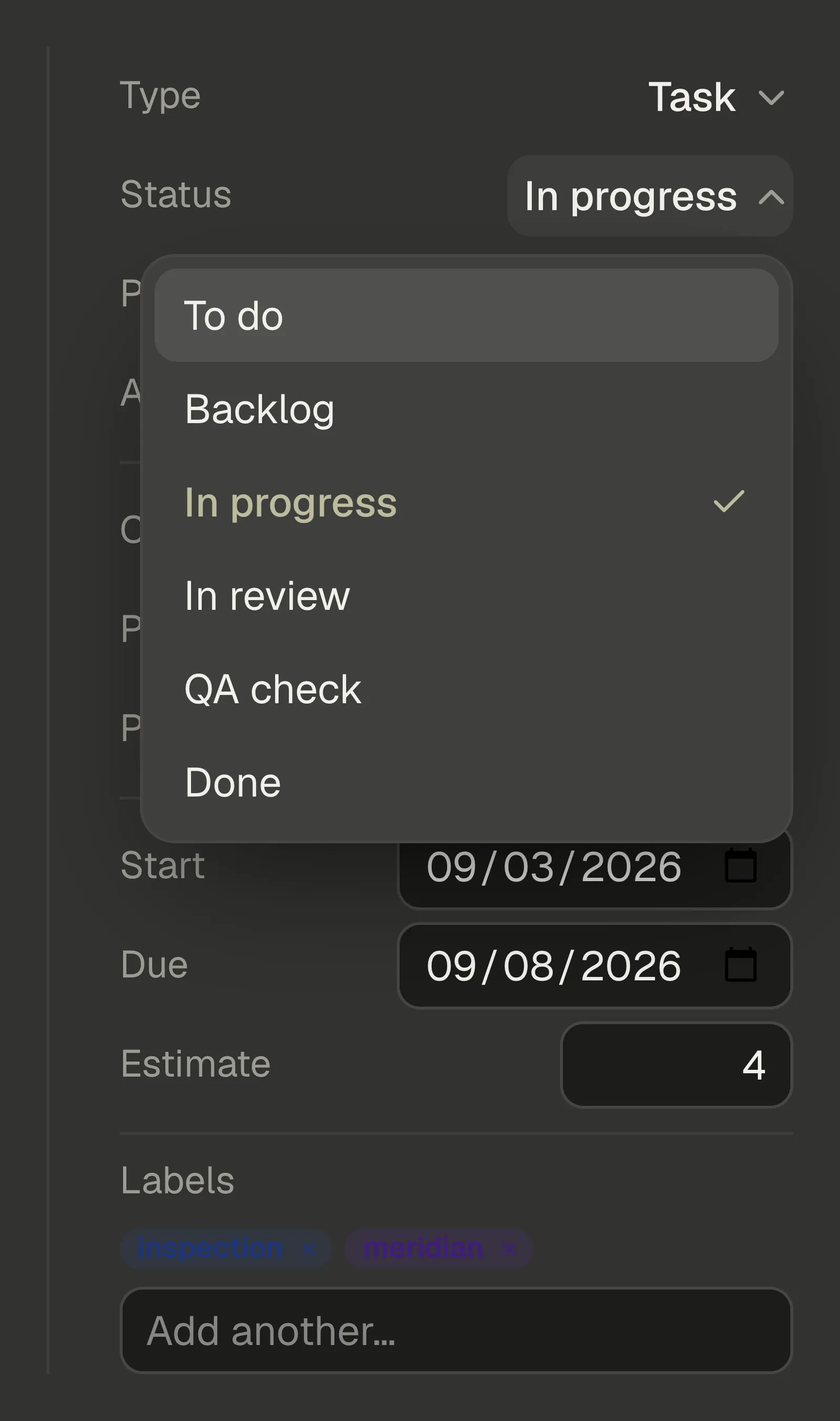 The Status picker open on the task detail panel, being changed to Done.