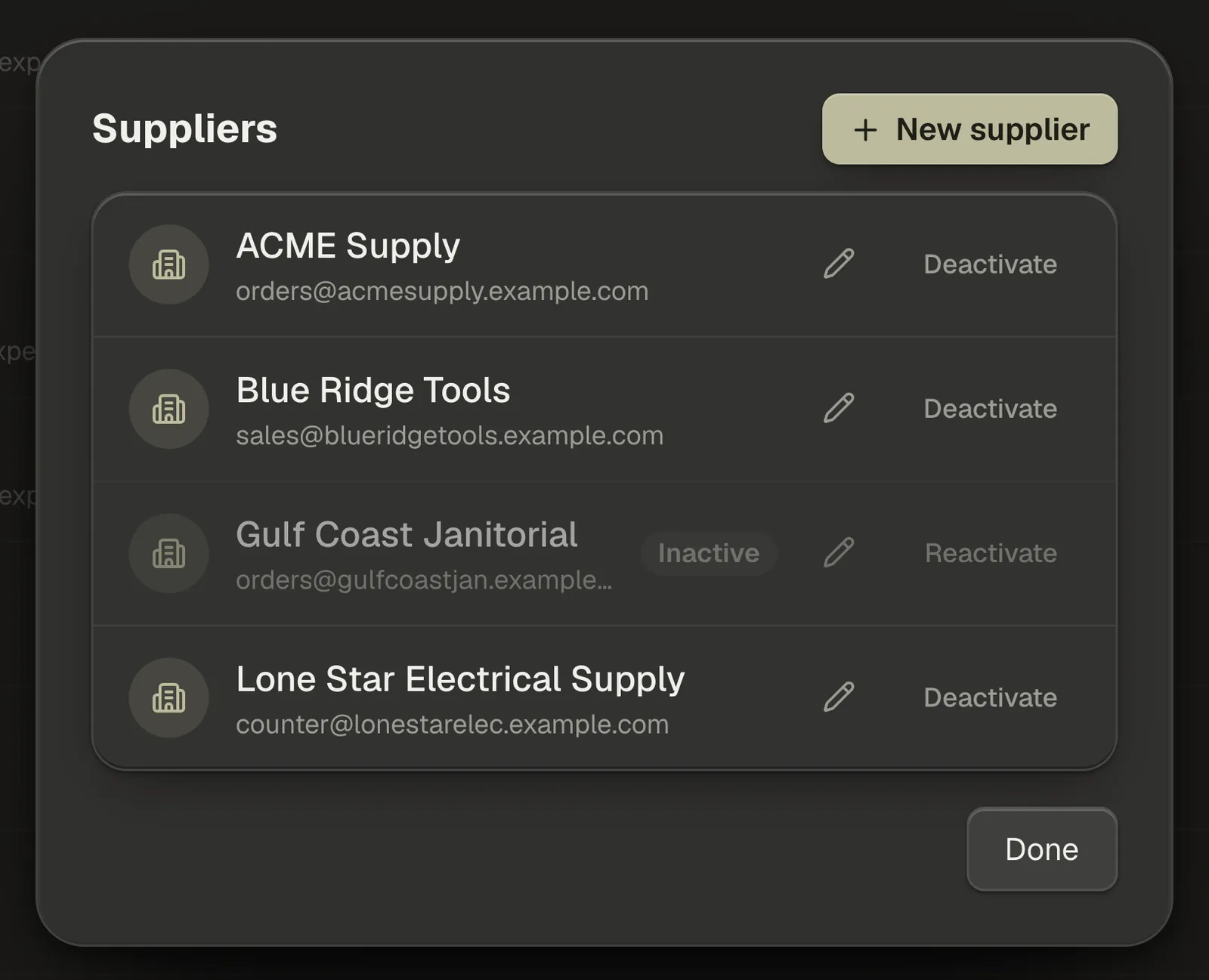 The Suppliers window: the supplier list with edit and Deactivate on each row, and the New supplier button above it.