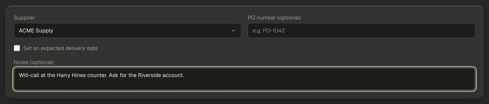 The new purchase order editor: supplier and PO number across the top, the expected-delivery checkbox unticked, and notes below.