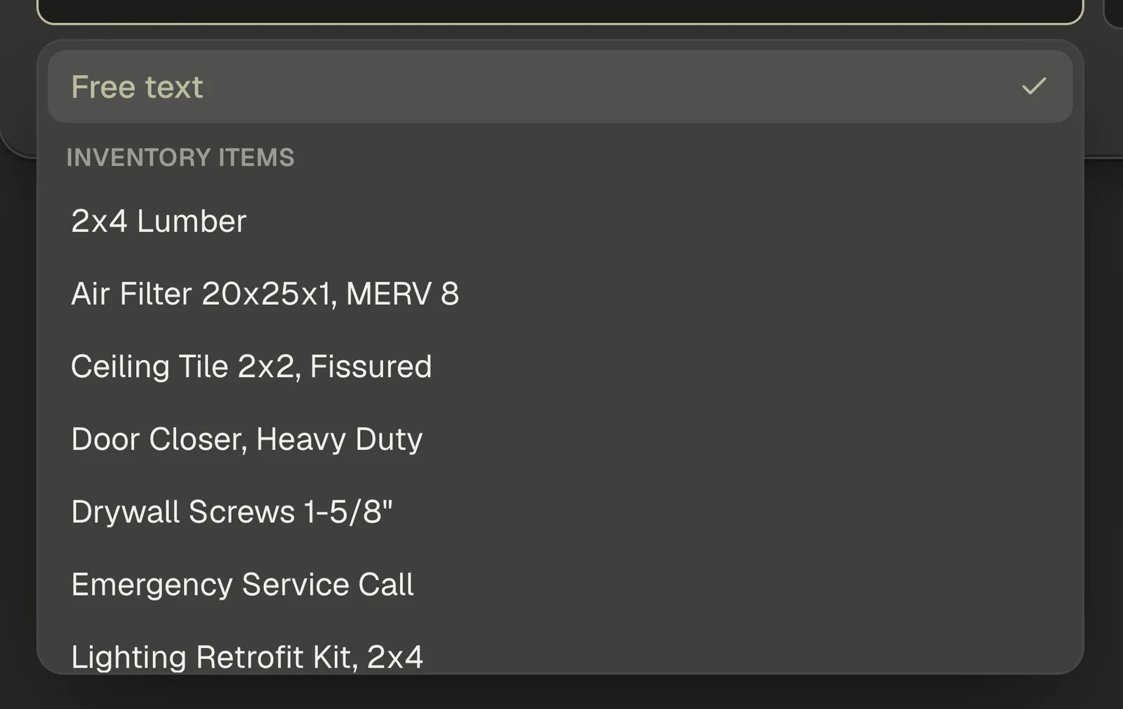 The item picker open on a line, with Free text at the top and the Inventory items group under it.