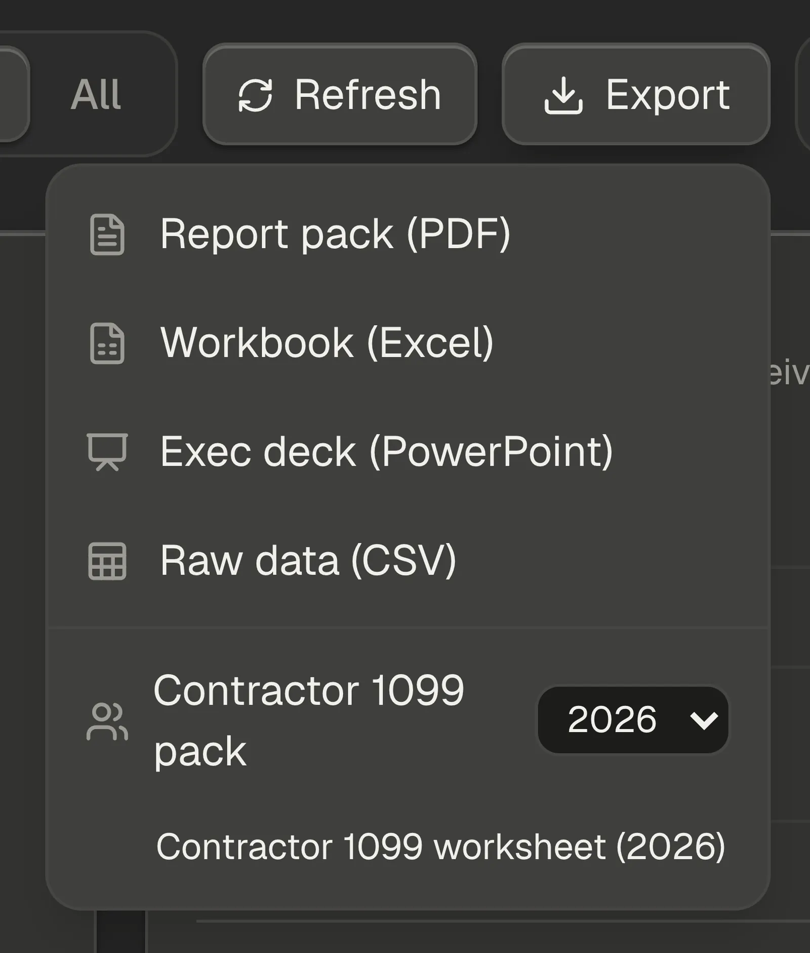The Export menu open on the Summary tab, showing Report pack, Workbook, Exec deck, Raw data, and the Contractor 1099 pack section with its year picker.
