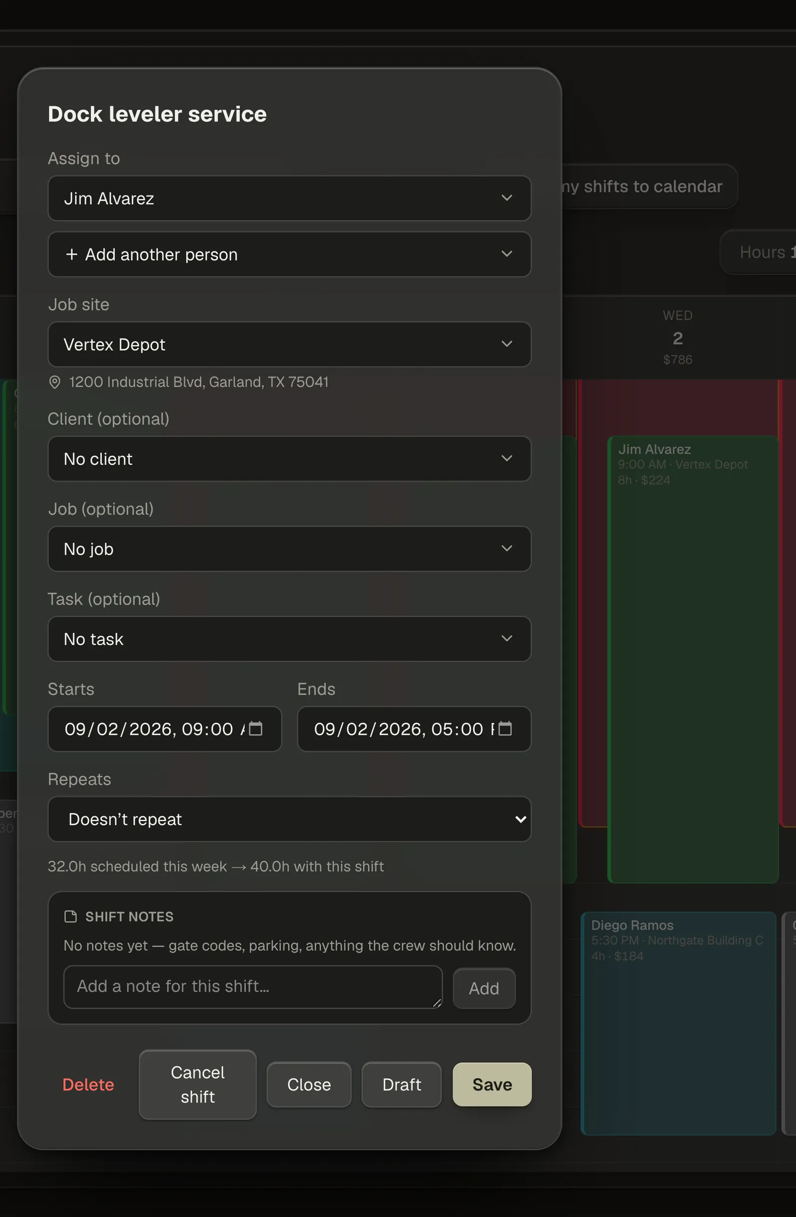 An empty Tuesday column with a highlighted new-shift slot, and the shift composer opening beside it.