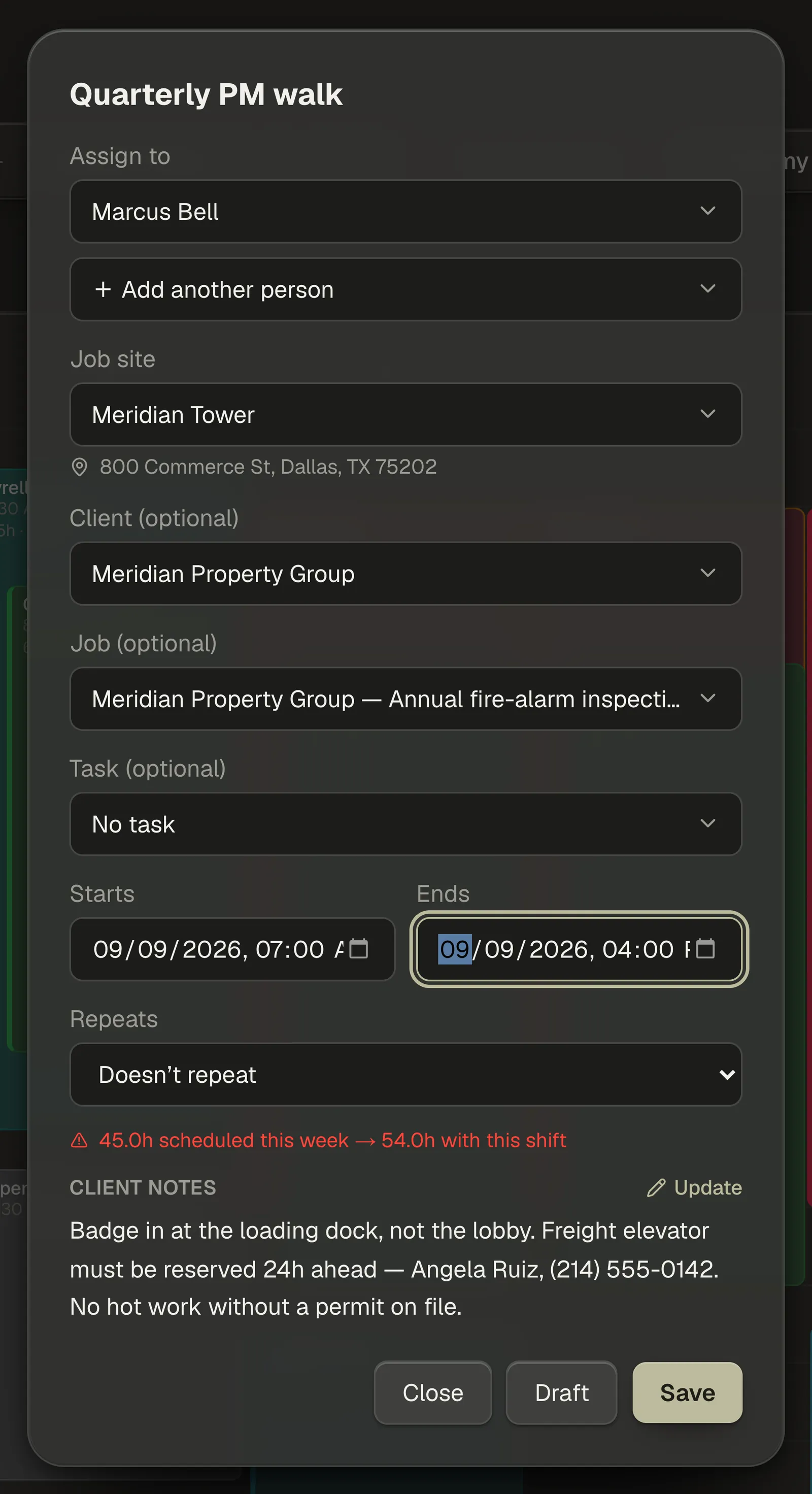 The shift composer with a title, an assignee, a job site and its address, a client, and start and end times filled in.