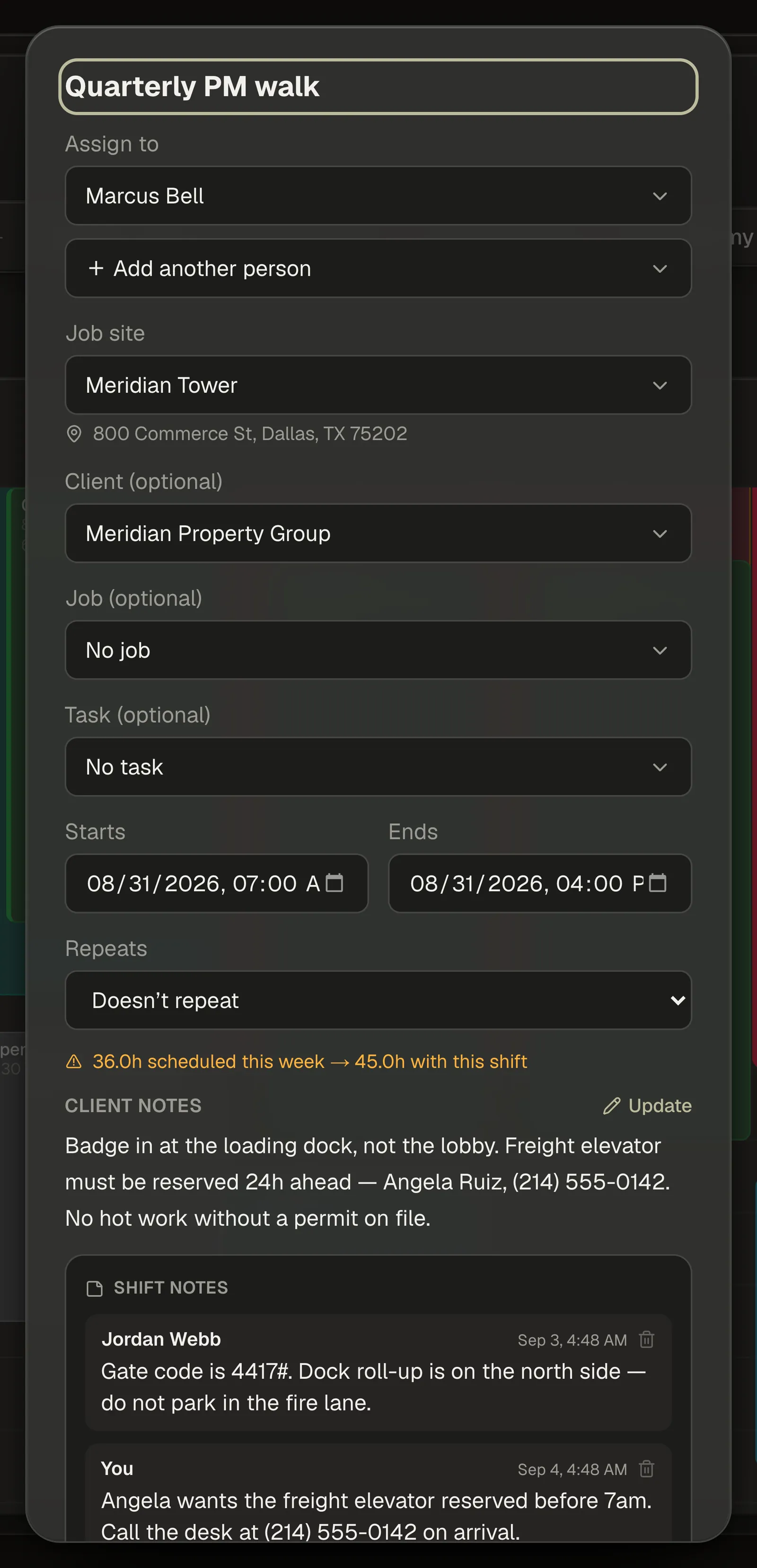 The Shift Notes panel inside the composer with two notes on a shift.