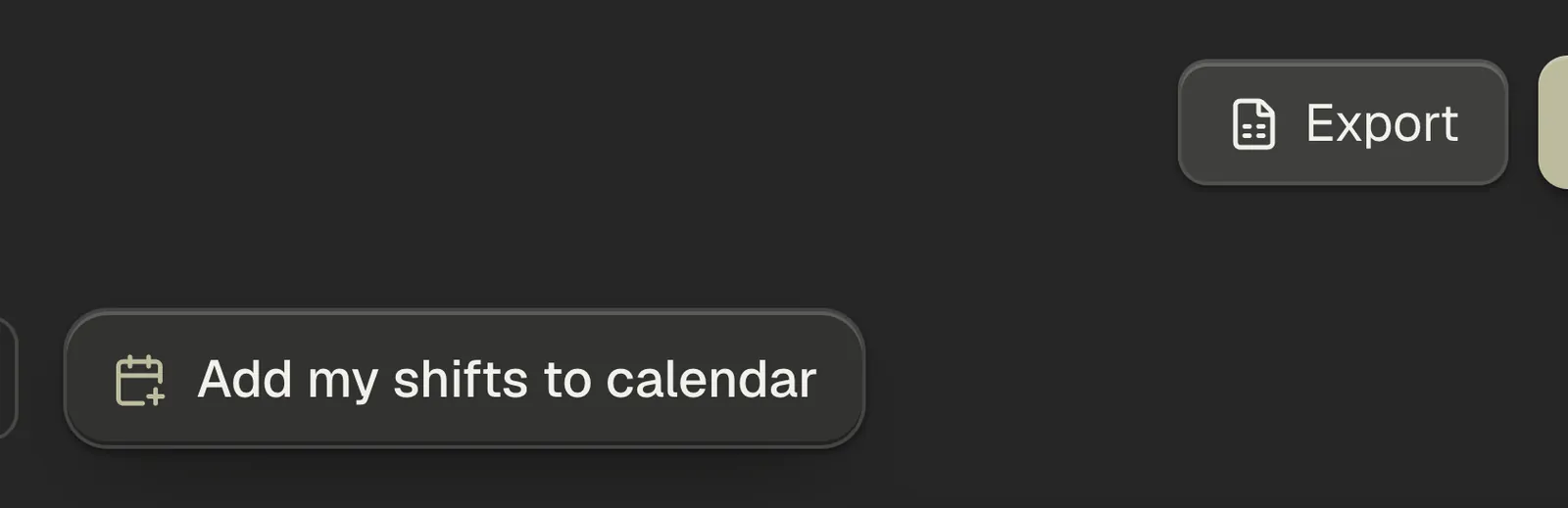 The Add my shifts to calendar and Export buttons in the toolbar, with the exported schedule workbook open alongside.