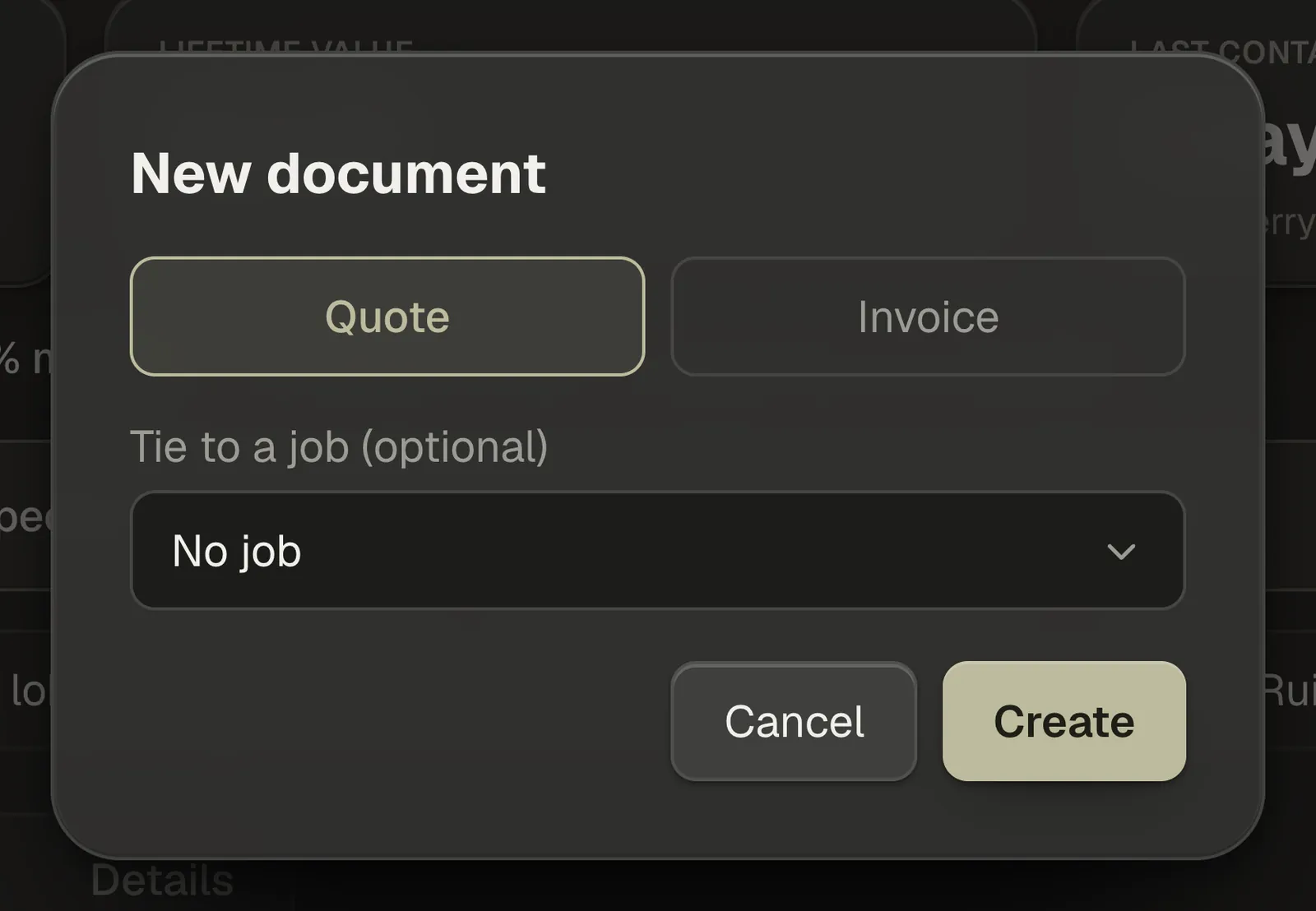 The New document window with Quote and Invoice side by side, Quote selected, above the job picker and the Create button.