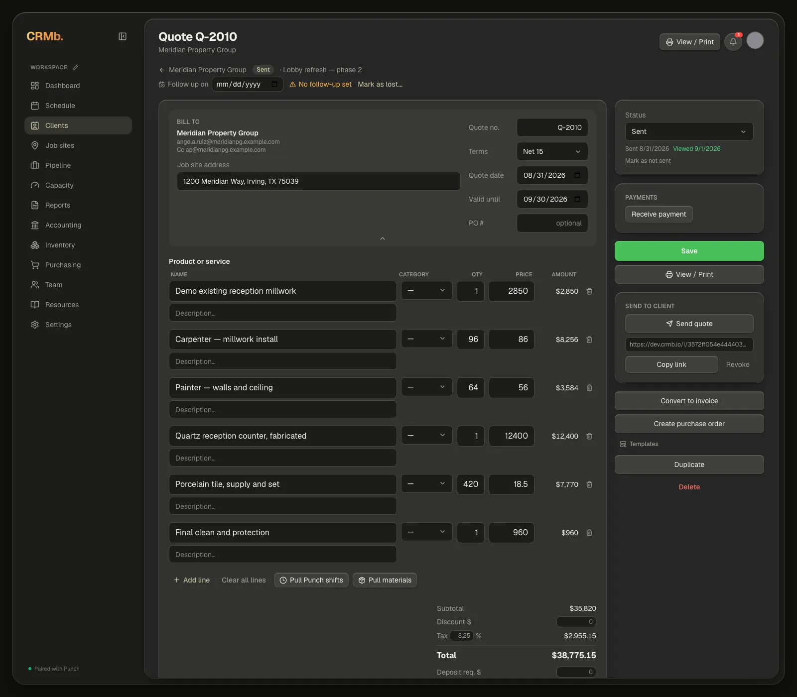 The quote editor: who it's for and the document details across the top, line items and totals below them, and the status, save and send controls down the right side.