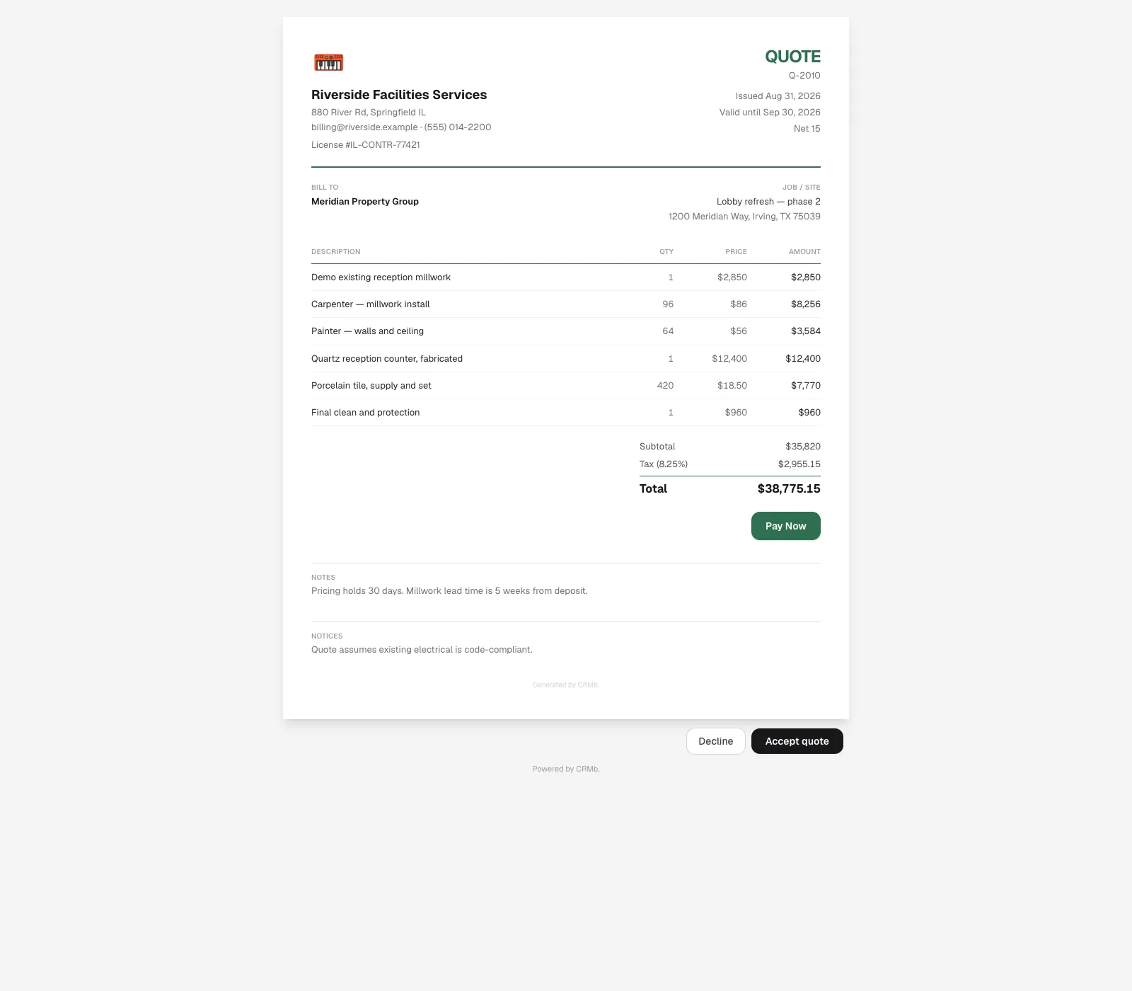 The client-facing quote in a browser: business branding at the top, bill-to and line items, totals with the Pay Now button from the business's own payment link under them, and Accept quote and Decline buttons at the bottom right.