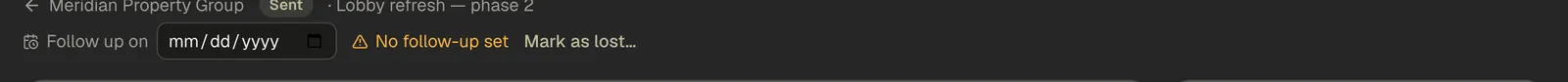 The line above the quote editor showing the Follow up on date box, the No follow-up set warning, and the Mark as lost button.