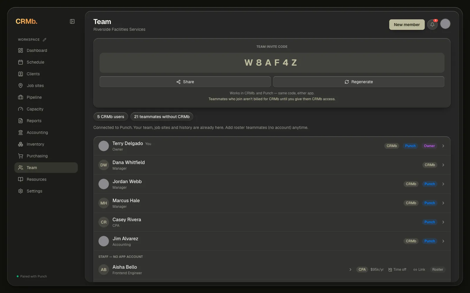 The Team page: the invite-code card at the top, the two counts under it, and the full team list below.
