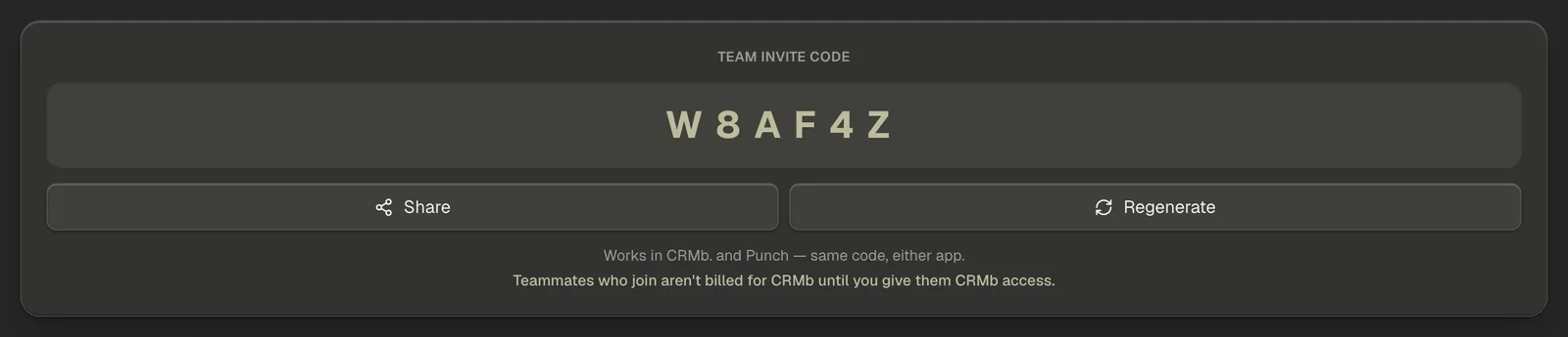 The Team invite code card, with the code in large type above the Share and Regenerate buttons.