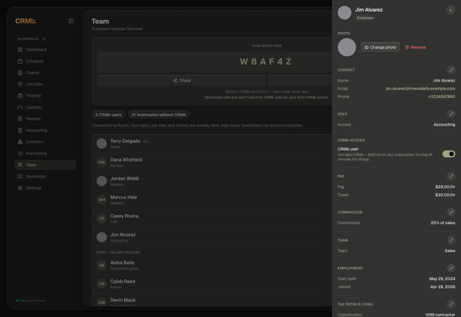 A teammate's detail panel: role, CRMb access, pay, commission, team and employment, one section under the next.