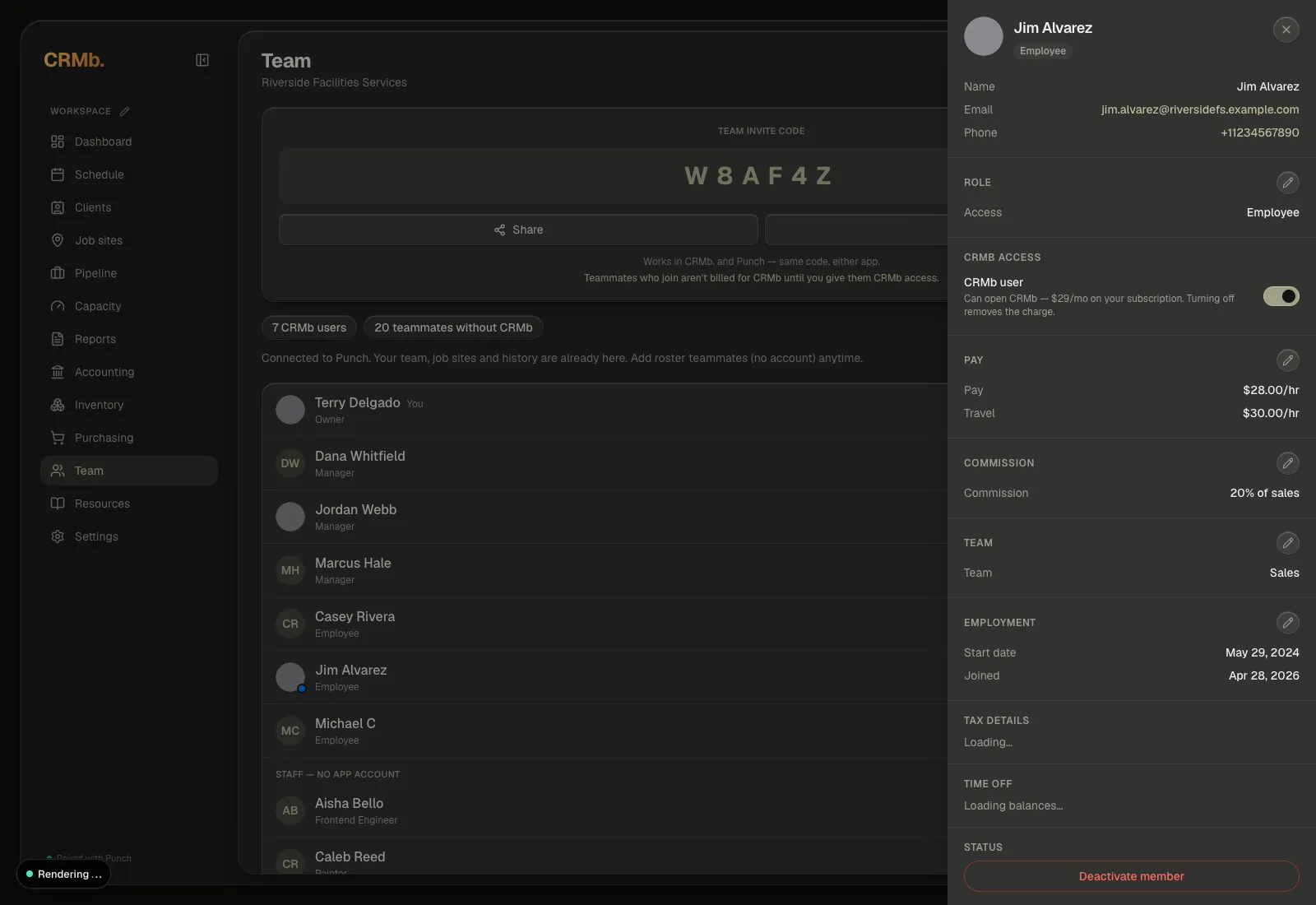 The lower half of the detail panel: the 1099 tax block, time-off balances, and the Deactivate member button.