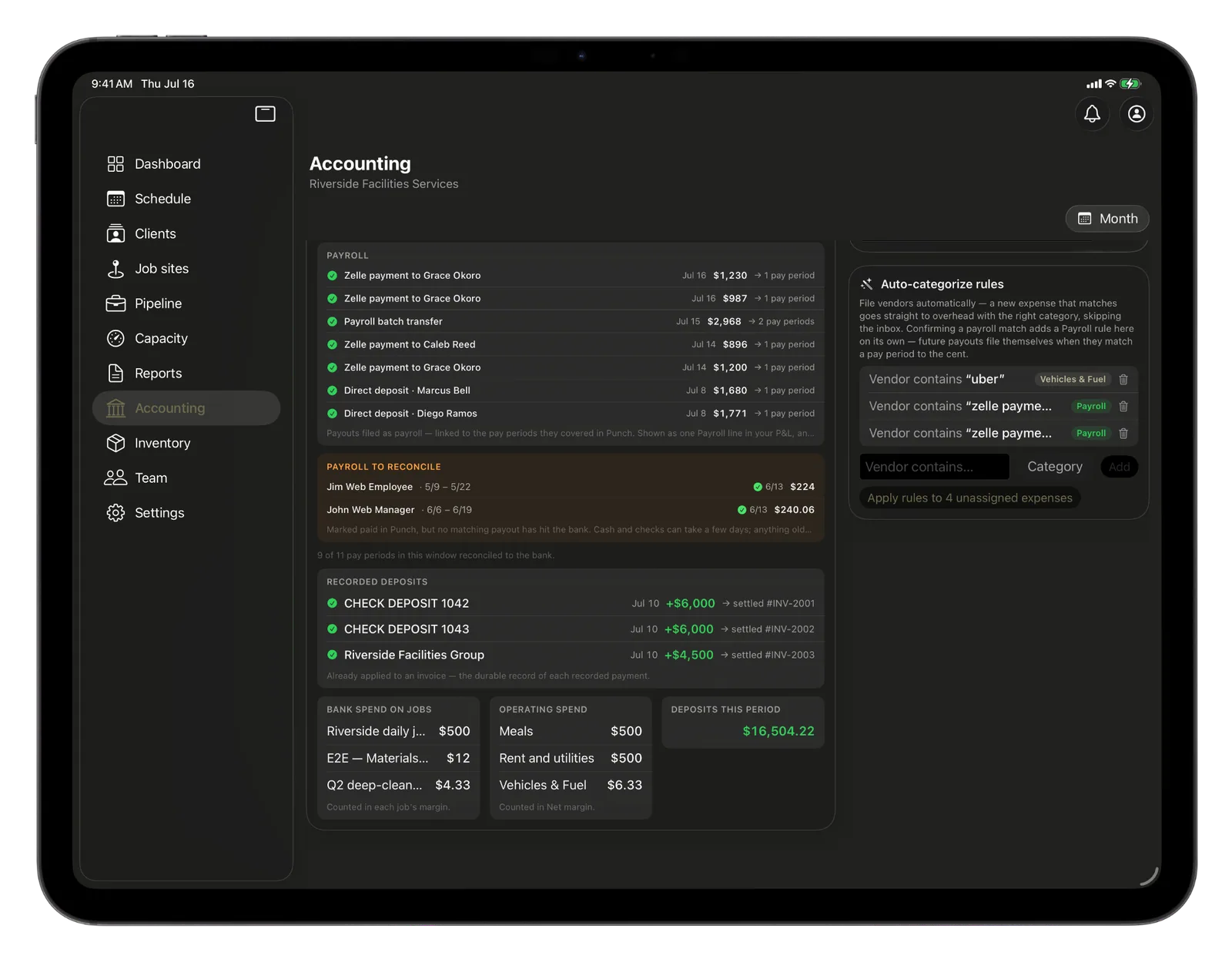 CRMb payroll on iPad: bank payouts filed as payroll and linked to the pay periods they covered, a payroll-to-reconcile list, and pay periods reconciled to the bank
