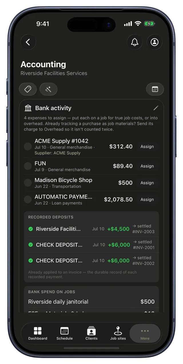 CRMb bank activity on iPhone: expenses to assign to a job or overhead, recorded deposits settled against invoices, and bank spend on jobs