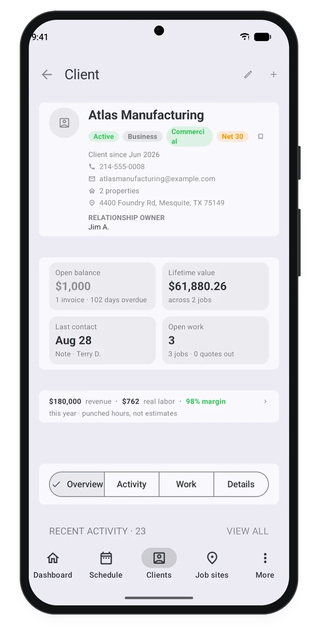 CRMb on Android: a client record with open balance, lifetime value, last contact and open work