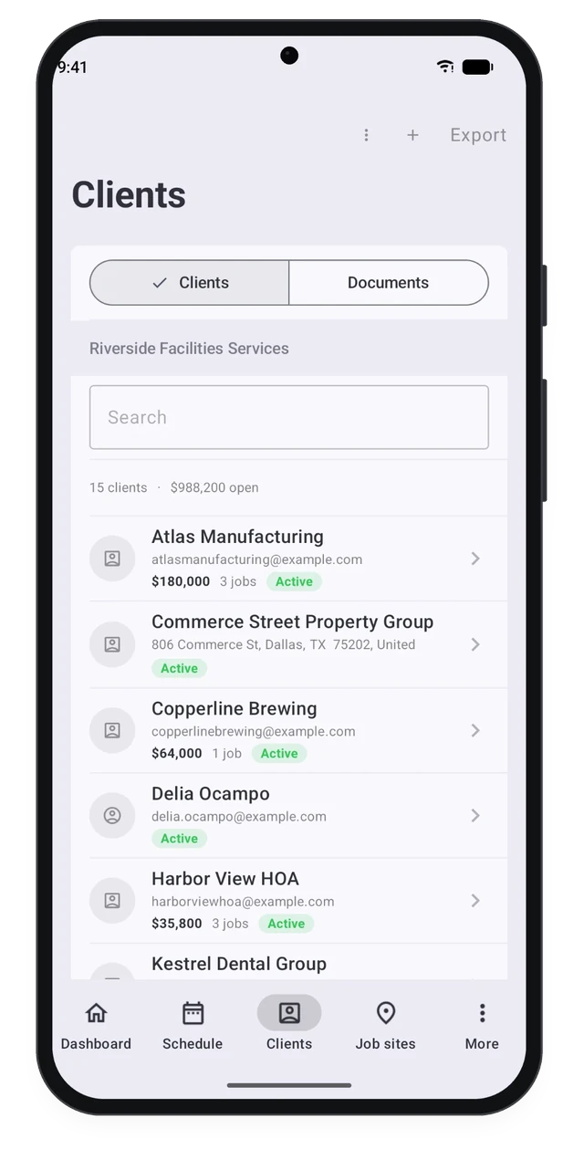 CRMb on Android: the client list with each client's open value, number of jobs and status