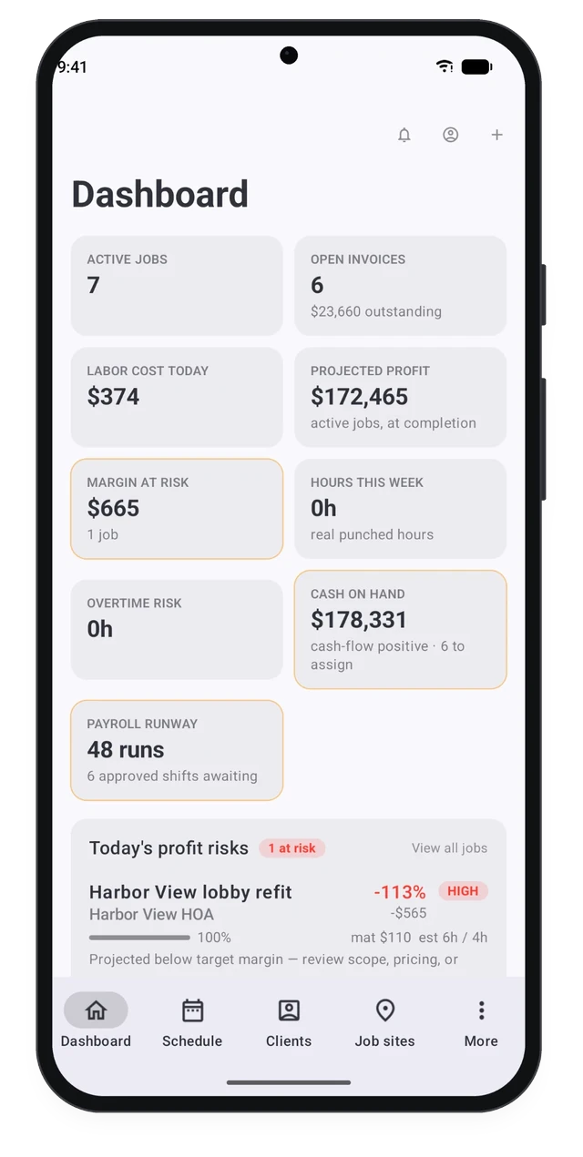 CRMb on Android: the dashboard with active jobs, open invoices, labor cost today, projected profit, margin at risk and cash on hand