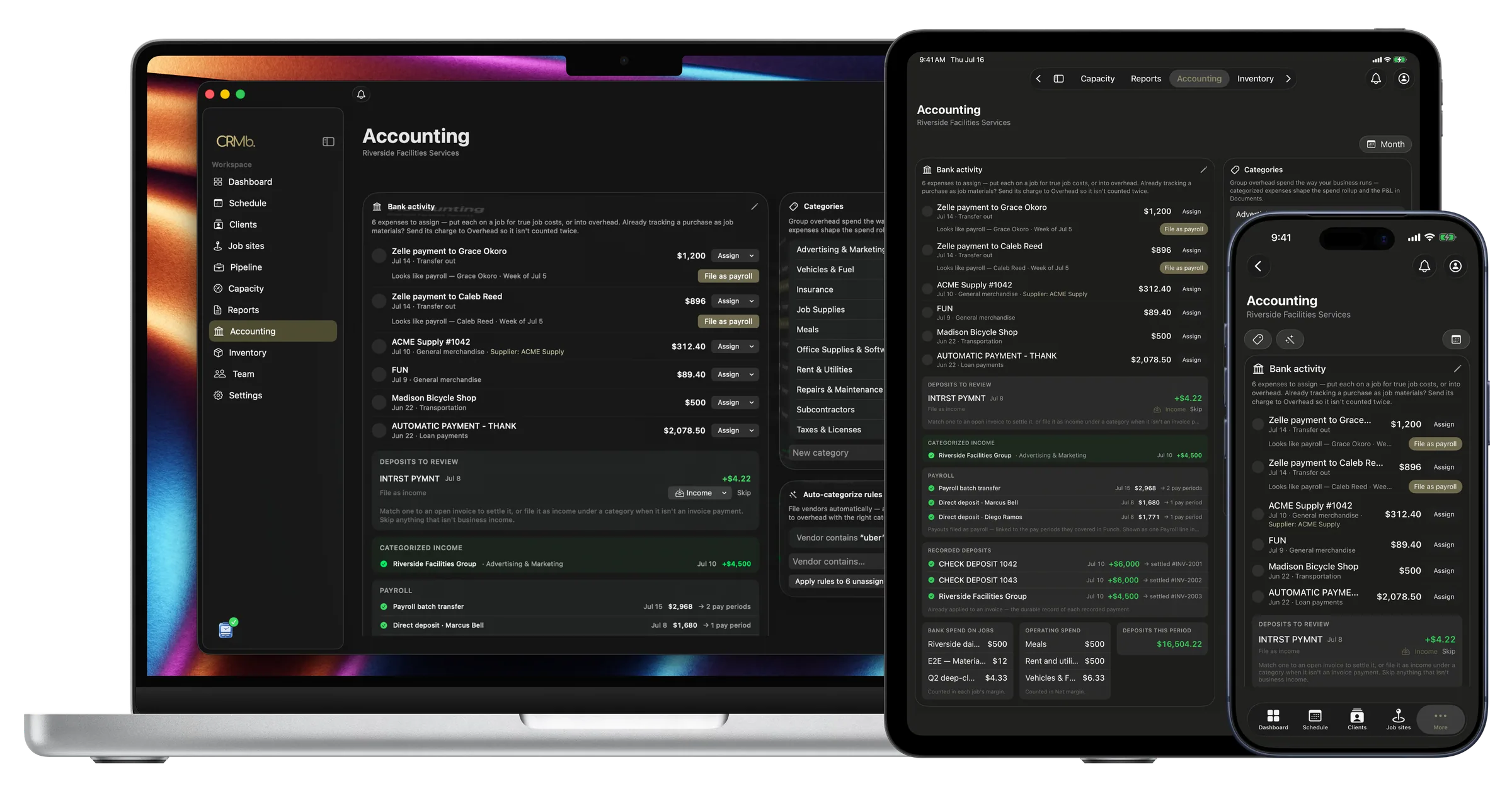 CRMb Accounting on Mac, iPad and iPhone: the bank-activity inbox with payouts recognized as payroll, deposits settling invoices, and auto-categorize rules